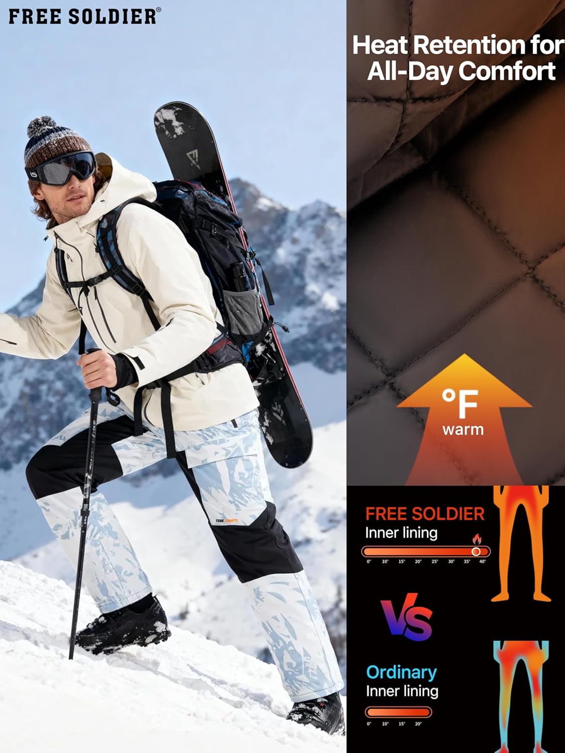 FREE SOLDIER Mens Snow Pants Waterproof Insulated Winter Skiing Snowboarding Pants with Zipper Pockets - Image 3