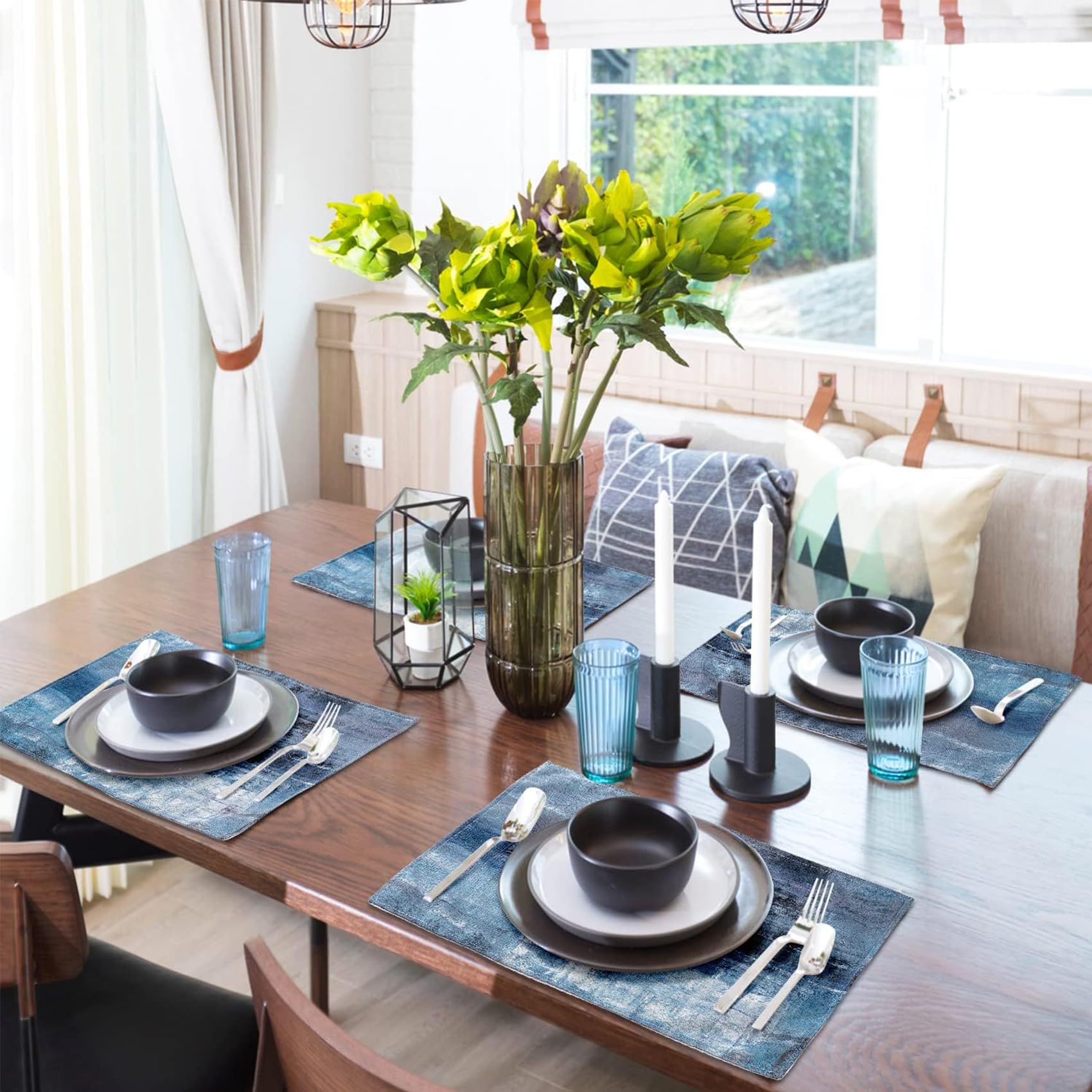 Lot De 4 Sets De Table Imitation Lin - 45x30 Cm - Lavables, Antidérapants, Double Face - Gris Foncé