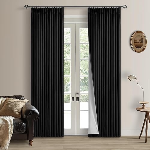 Miniatura 77 de Cortinas de lino 100% opacas de 90 pulgadas con pliegues de 2 paneles para sala de estar, con pestaña trasera plisada, cortinas oscuras con forma de