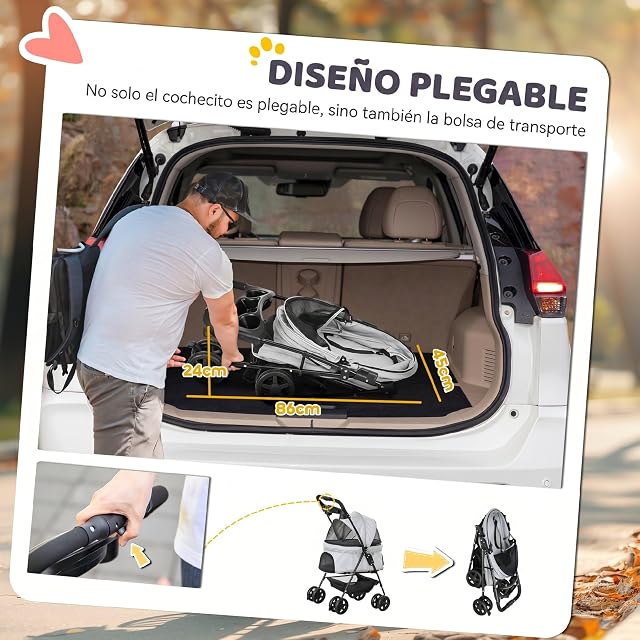 Foto 5 de 8 de PawHut Cochecito para Perros Plegable Portavasos 67x45x96 cm Gris Claro