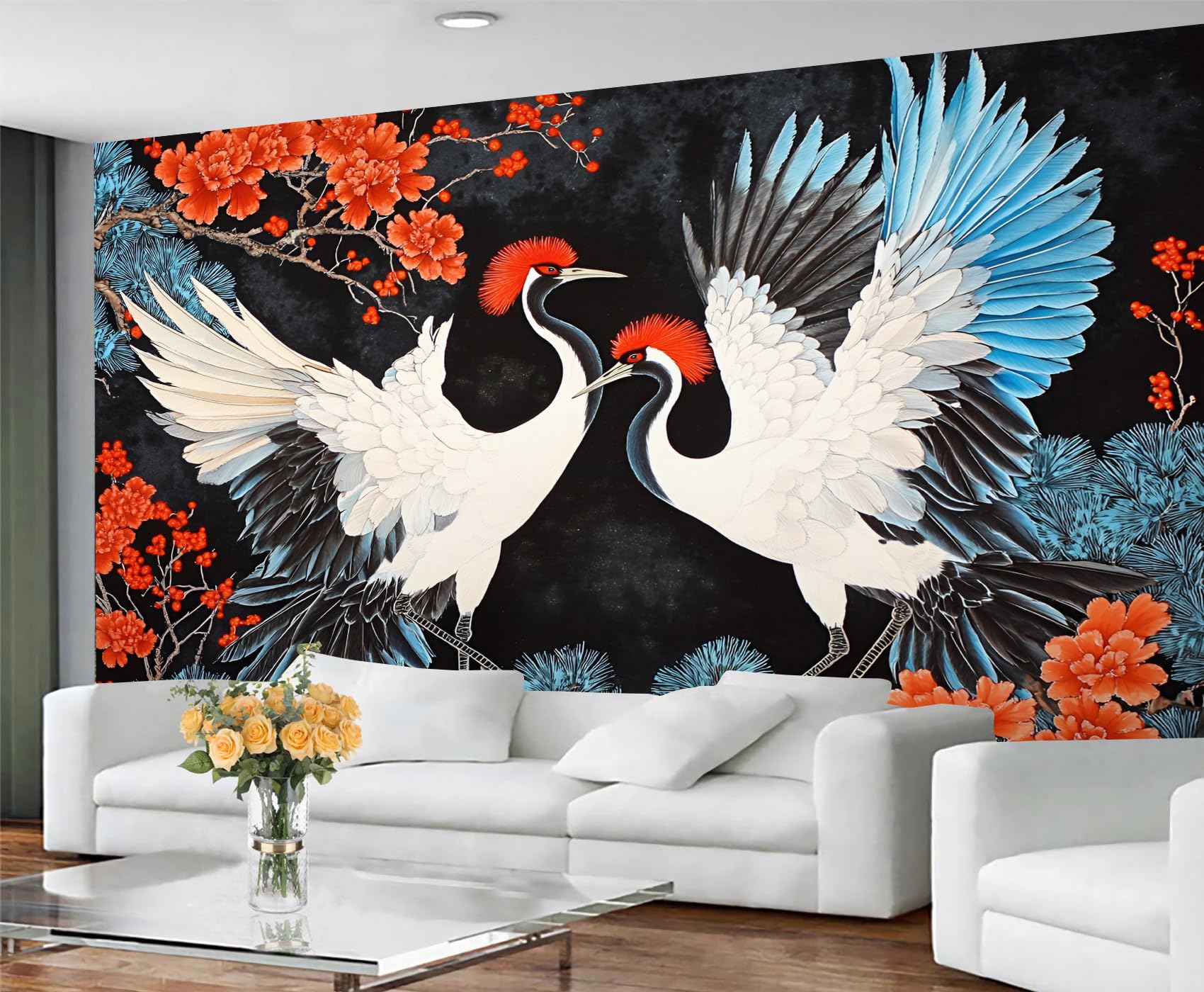 GIVLWF Japanese Wallpaper & Room Decor, Japanese Crane Bedroom Wallpaper, Vintage Animal Wall Paper for Living Room, Non-Self-Adhesive, Murals for Walls