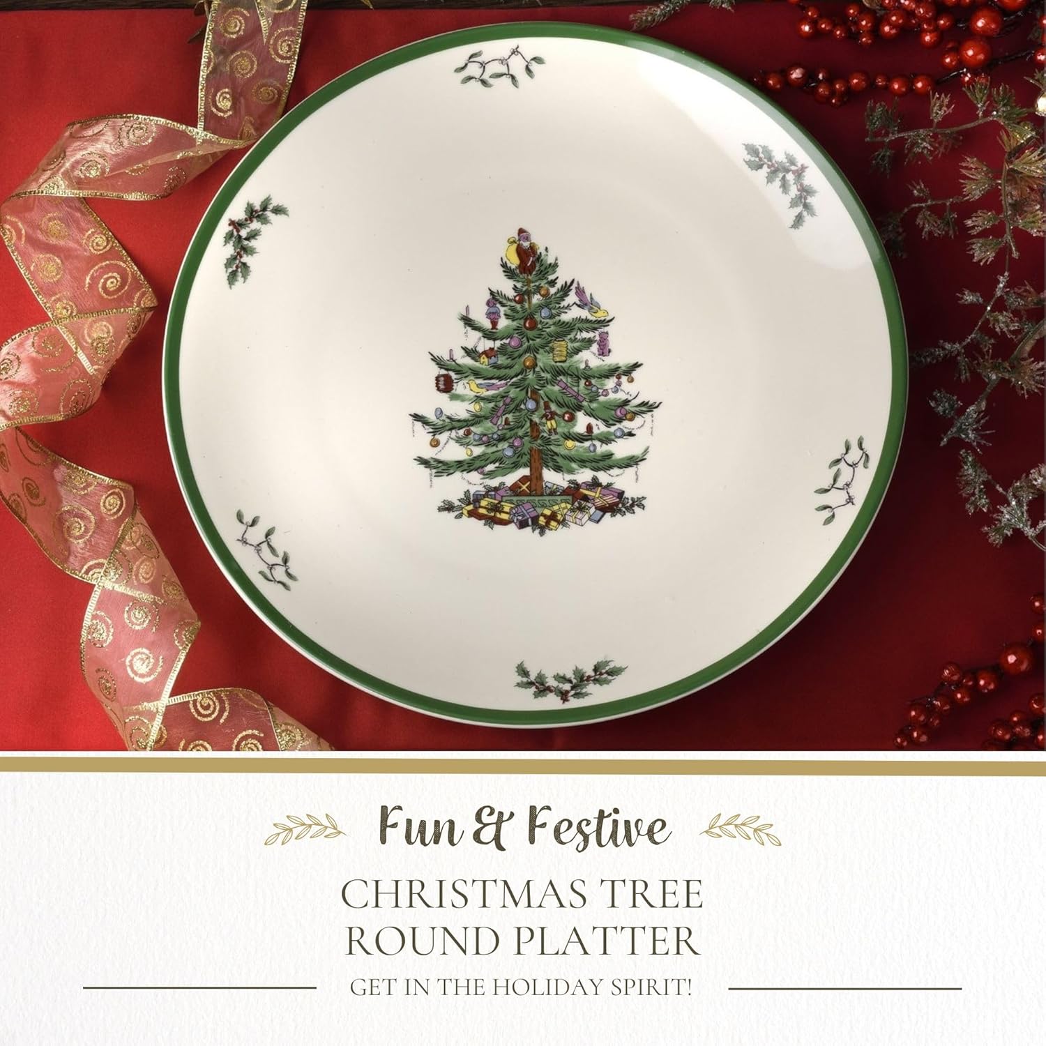 Spode Christmas Tree Round Platter - 14-Inch Holiday Serving Plate for Charcuterie, Snacks, Desserts - Classic Christmas Dinnerware with Green Accents - Dishwasher & Microwave Safe - Image 2