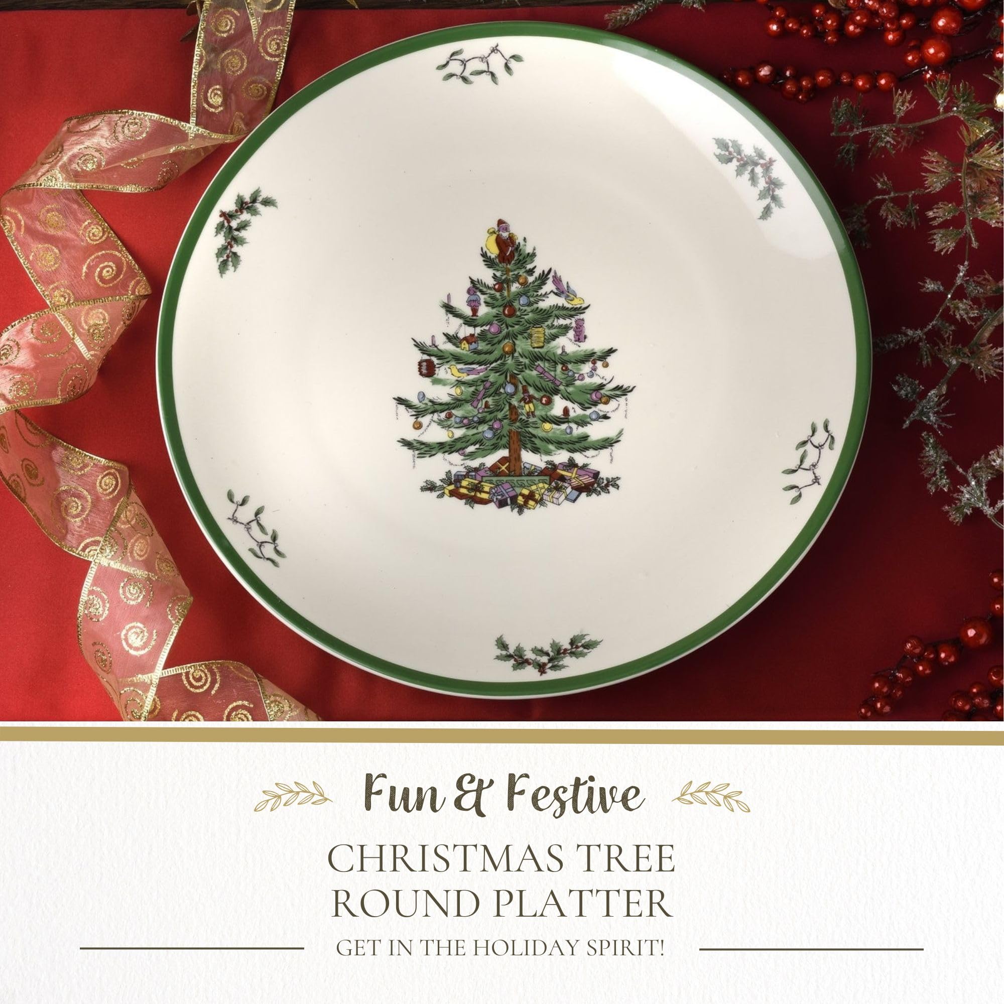 Spode Christmas Tree Round Platter - 14-Inch Holiday Serving Plate for Charcuterie, Snacks, Desserts - Classic Christmas Dinnerware with Green Accents - Dishwasher & Microwave Safe