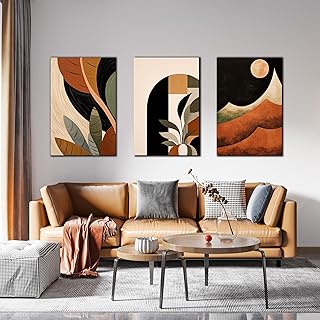 𝐒𝐞𝐢𝐧𝐞𝐛𝐚𝐧𝐤 Framed Canvas Boho Wall Art, Mid Century Modern Wall Art 16" x 24" Black Beige Neutral Abstract Geometric Prints Room Posters for Living Room Bathroom, Large Minimalist Wall Art, Set of 3