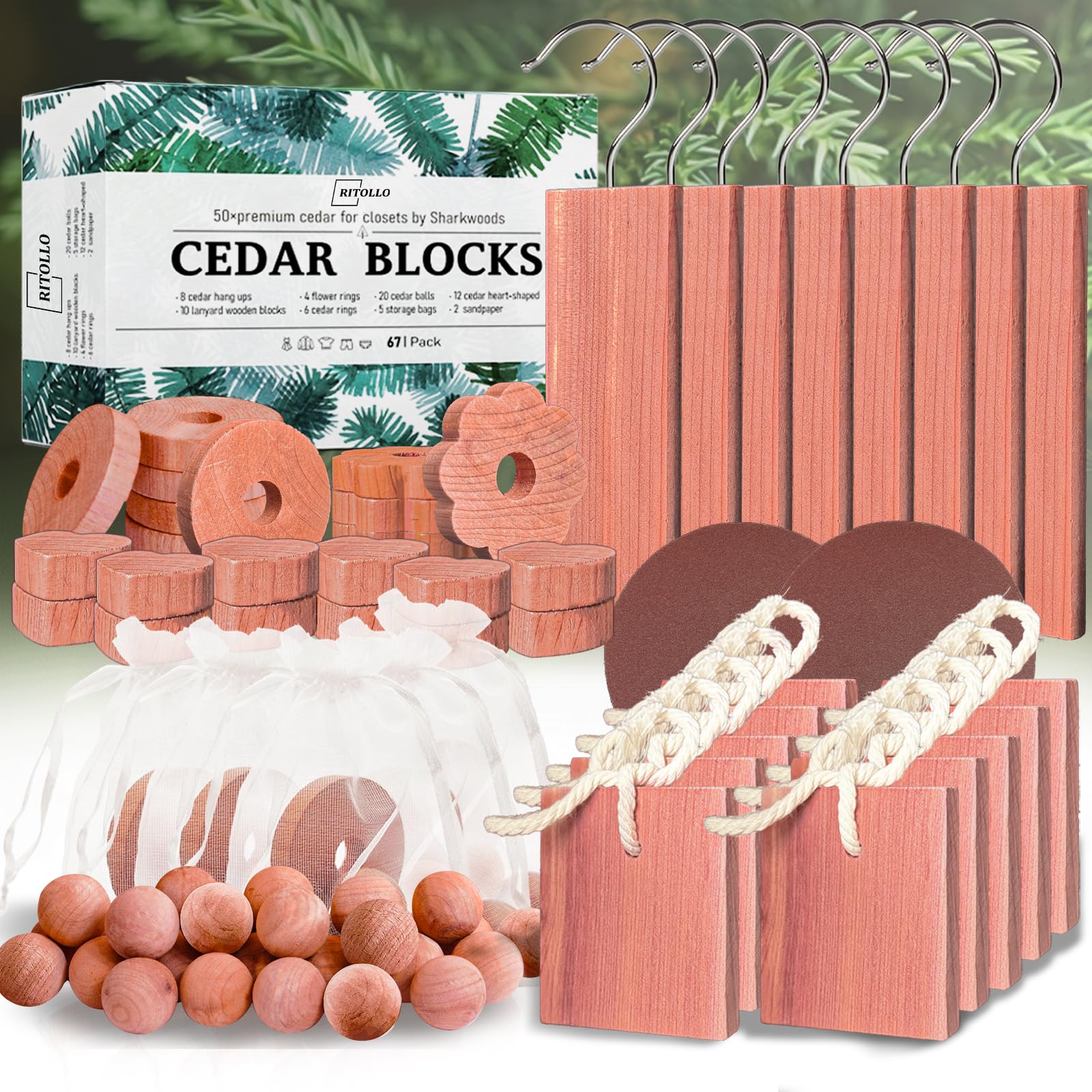 RITOLLO Cedarwood Moth Repellent Set for Wardrobes, 67 Pcs Cedarwood Blocks, Balls, Rings Sandpaper and White Gauze Bags, Natural Moth Repellent for Drawers & Clothes Storage, Wardrobe Freshener