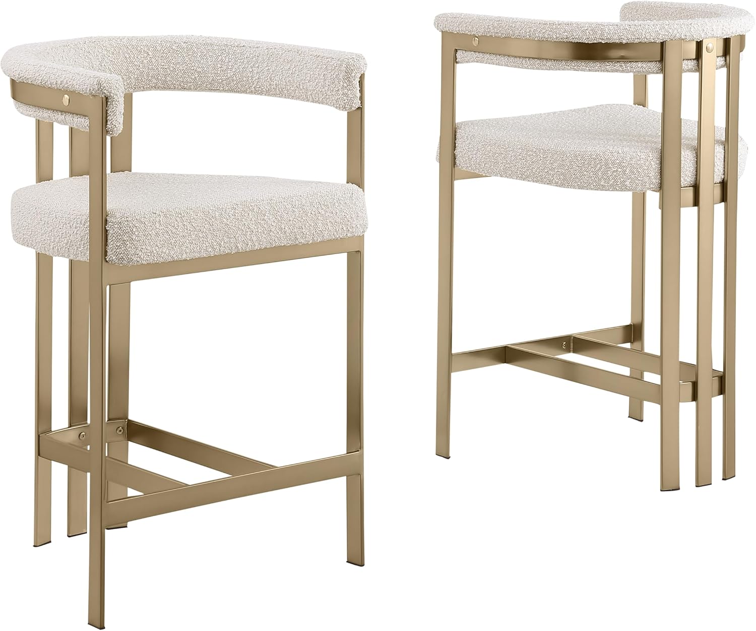 Modern Upholstered Counter Height Stool with Cream Boucle Fabric – Matte Brushed Chrome Legs in Gold – Versatile Living Room & Dining Room Seating – Set of 2
