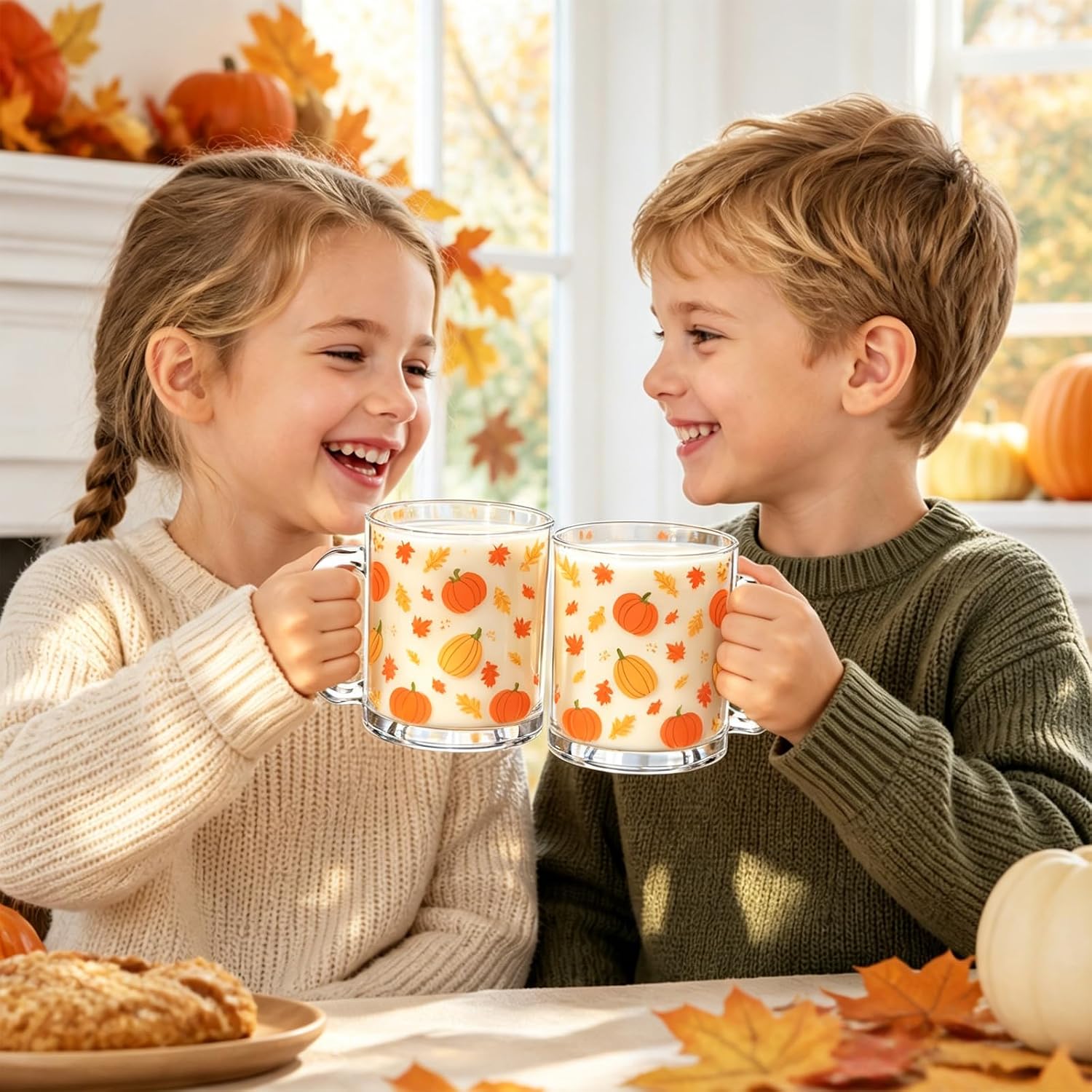 Whaline 4 Pcs Fall Glass Coffee Mugs with Handle 12 oz Autumn Maple Leaves Pumpkin Coffee Cups Beverage Mugs for Hot Cold Drinks Harvest Thanksgiving Decor