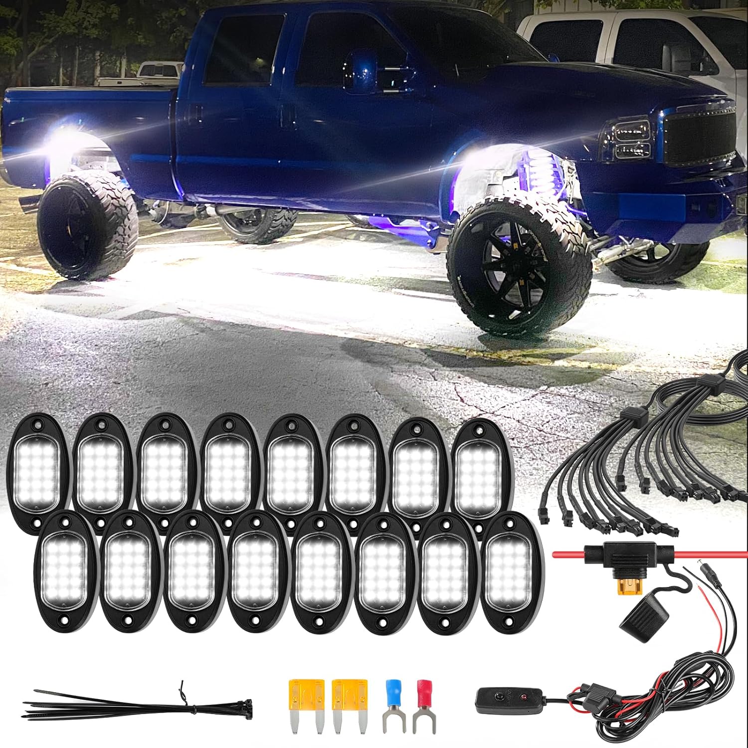 16Pods Pure White LED Rock Lights Kit+4PCS 78.74 inch 2-Pin Pure White LED Rock Lights Kit Extension Wire Cable Cord