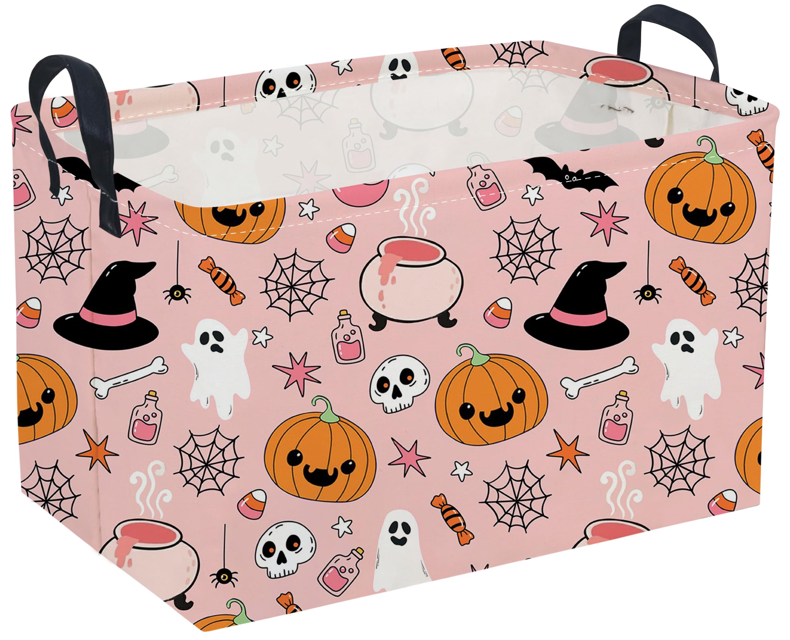 Sanjiaofeng Rectangular Pink Halloween Horror Ghost Storage Basket,Scary Pumpkin Basket,Halloweens Party Baskets,Halloween Candy Storage Baskets with Handles(Smiley Pumpkin)
