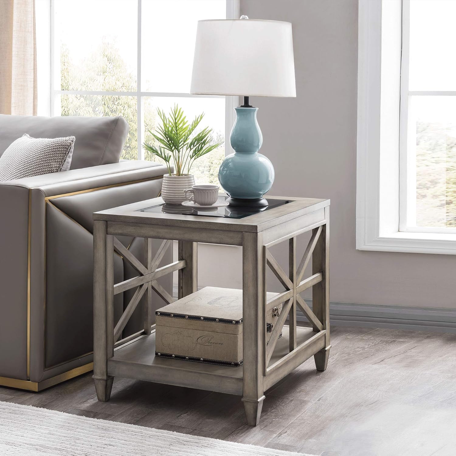PADMA HOUSE Modern Farmhouse Style End Table with Tempered
