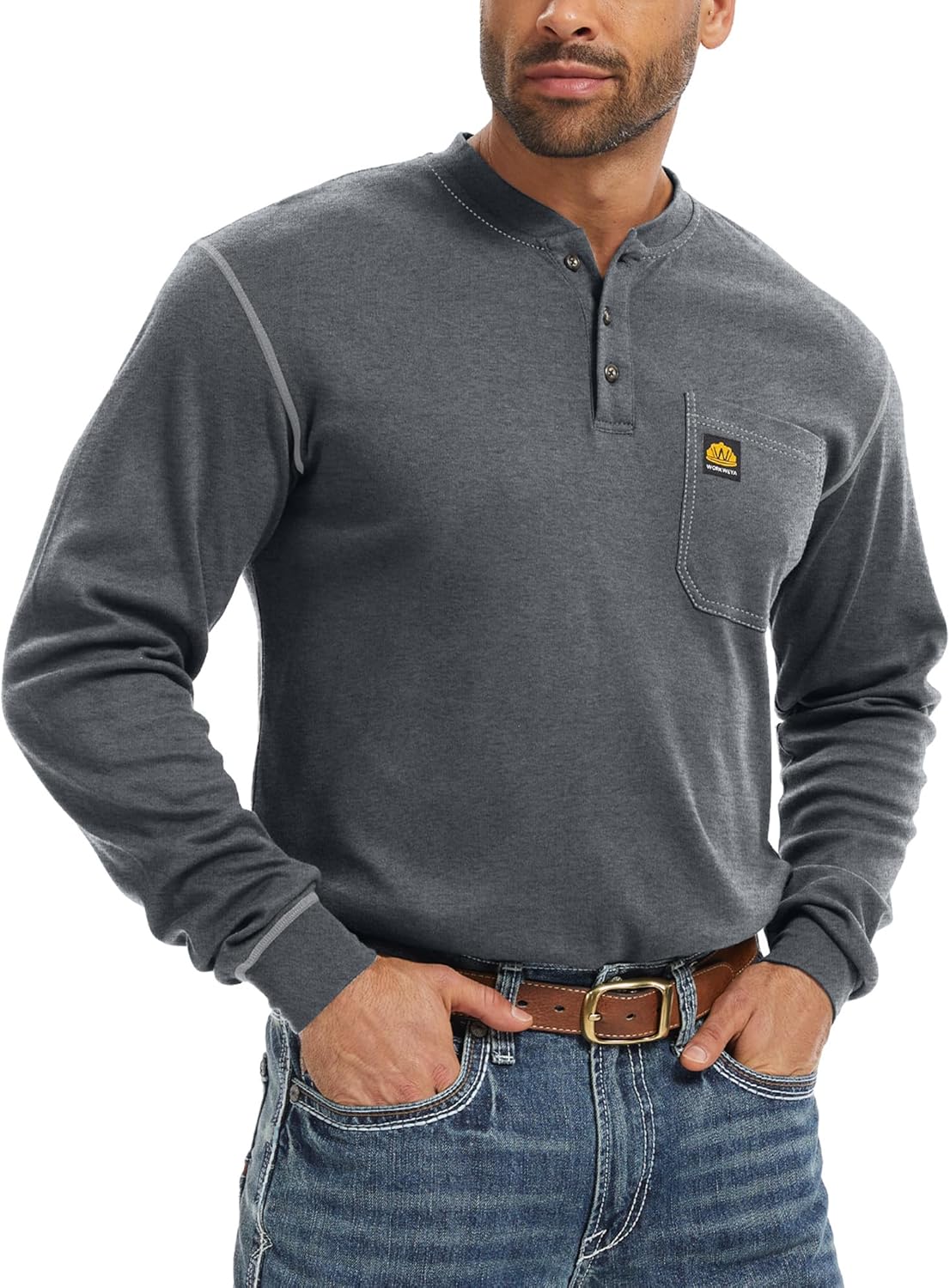 WORKWEYA FR Shirts for Men 6.5 oz Flame Resistant Long Sleeve Henley Shirt NFPA 2112/CAT2