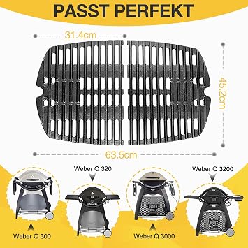 7646 45 x 63.5 cm Cast Iron Cooking Grate Replacement for Weber Q300 Q320 Q3000 Q3200 Series Gas Grills Cooking Grates Accessories for Weber 57060001 586002 426001 56010049 Pack of 2