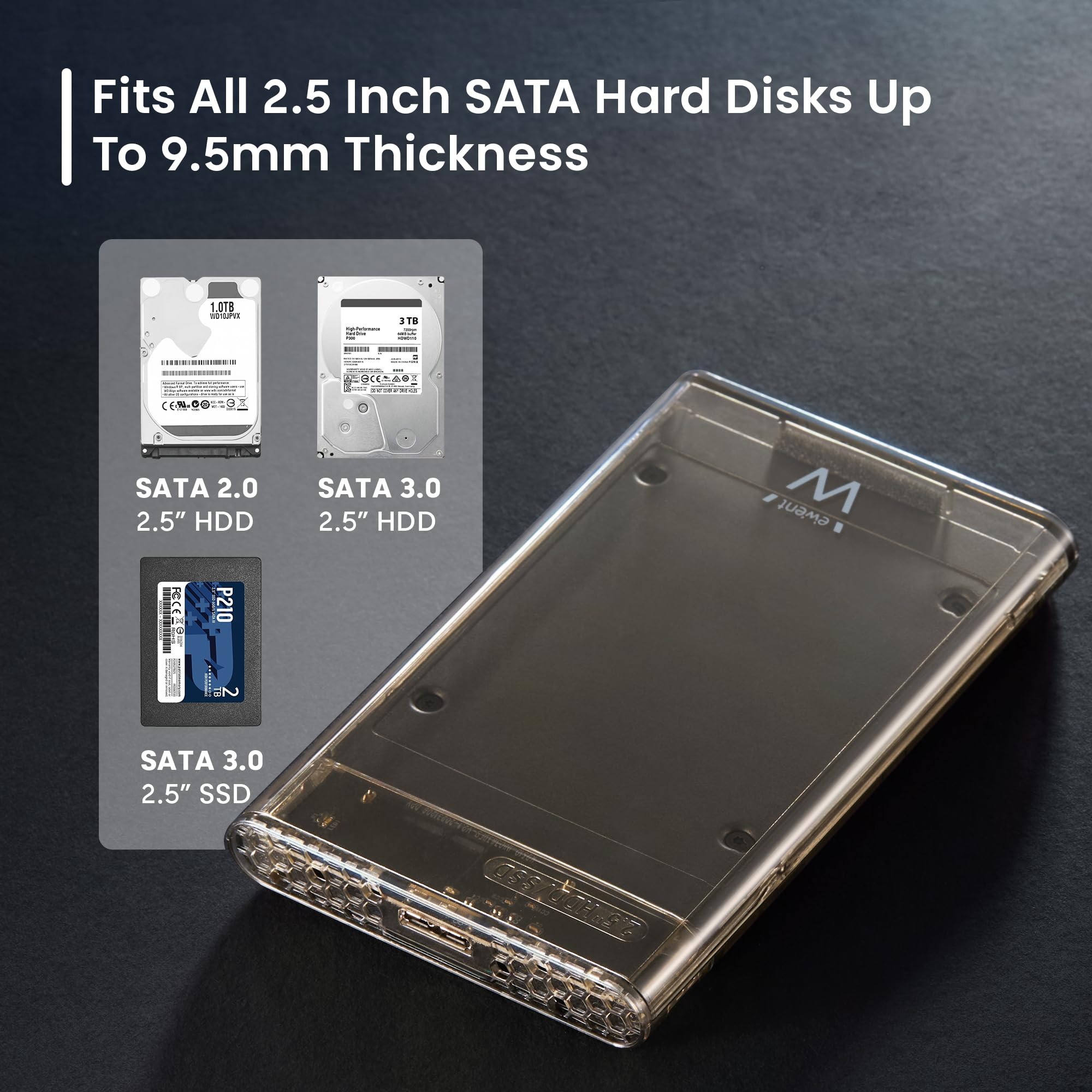 Ewent Obudowa HDD/SSD 2,5″ SATA, USB 3.2 Gen 1 (USB-A), zewnętrzna obudowa na dysk twardy 7-9,5 mm, prędkość 5 Gb/s, bez narzędzi, prędkość 5 Gbp, wskaźnik LED, do PC-Mac-PS4-Xbox, kompatybilny z