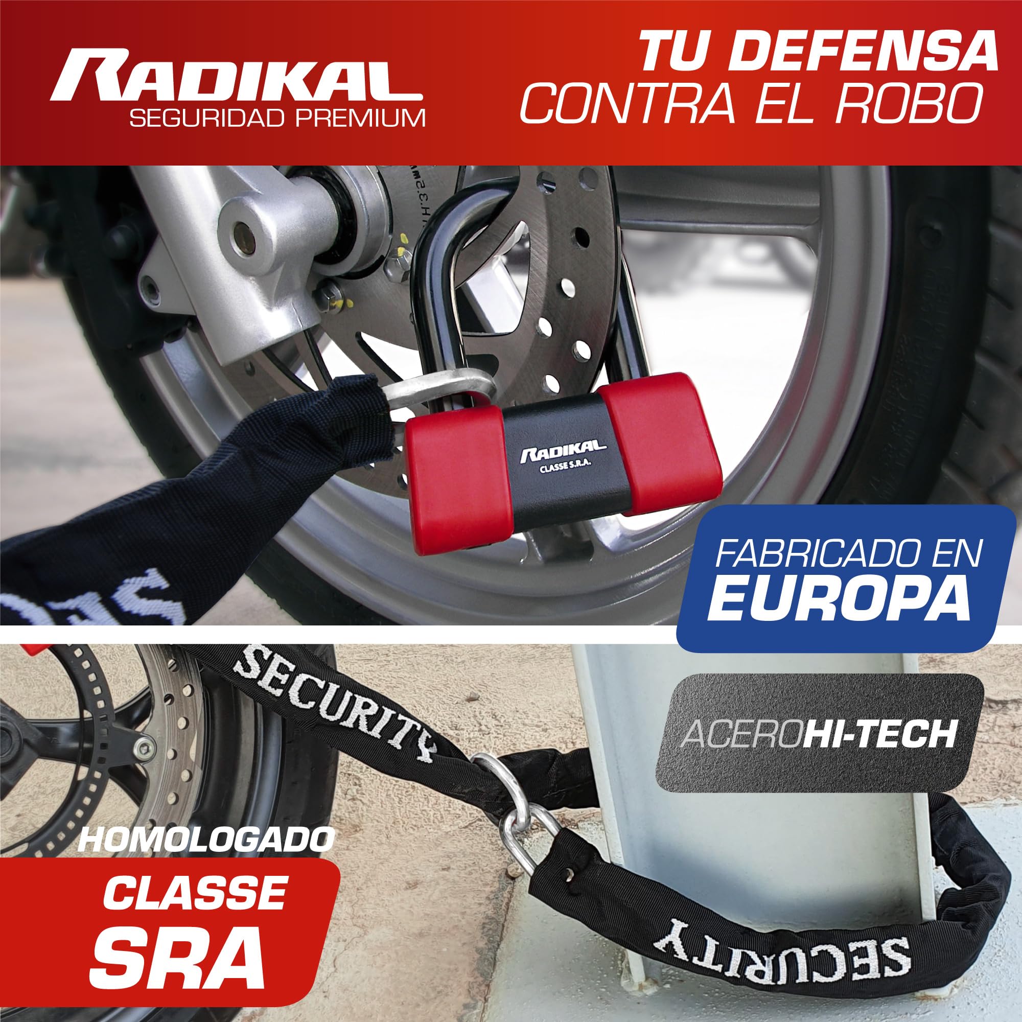 RADIKAL RK75+10.120L Candado Cadena Sistema Lazo ø10 + Candado Moto Disco Mini U Alta Seguridad Homologado Classe SRA, 120cm Mayor Distancia, Antirrobo Multifunción para Anclaje, Motocicleta, Parking