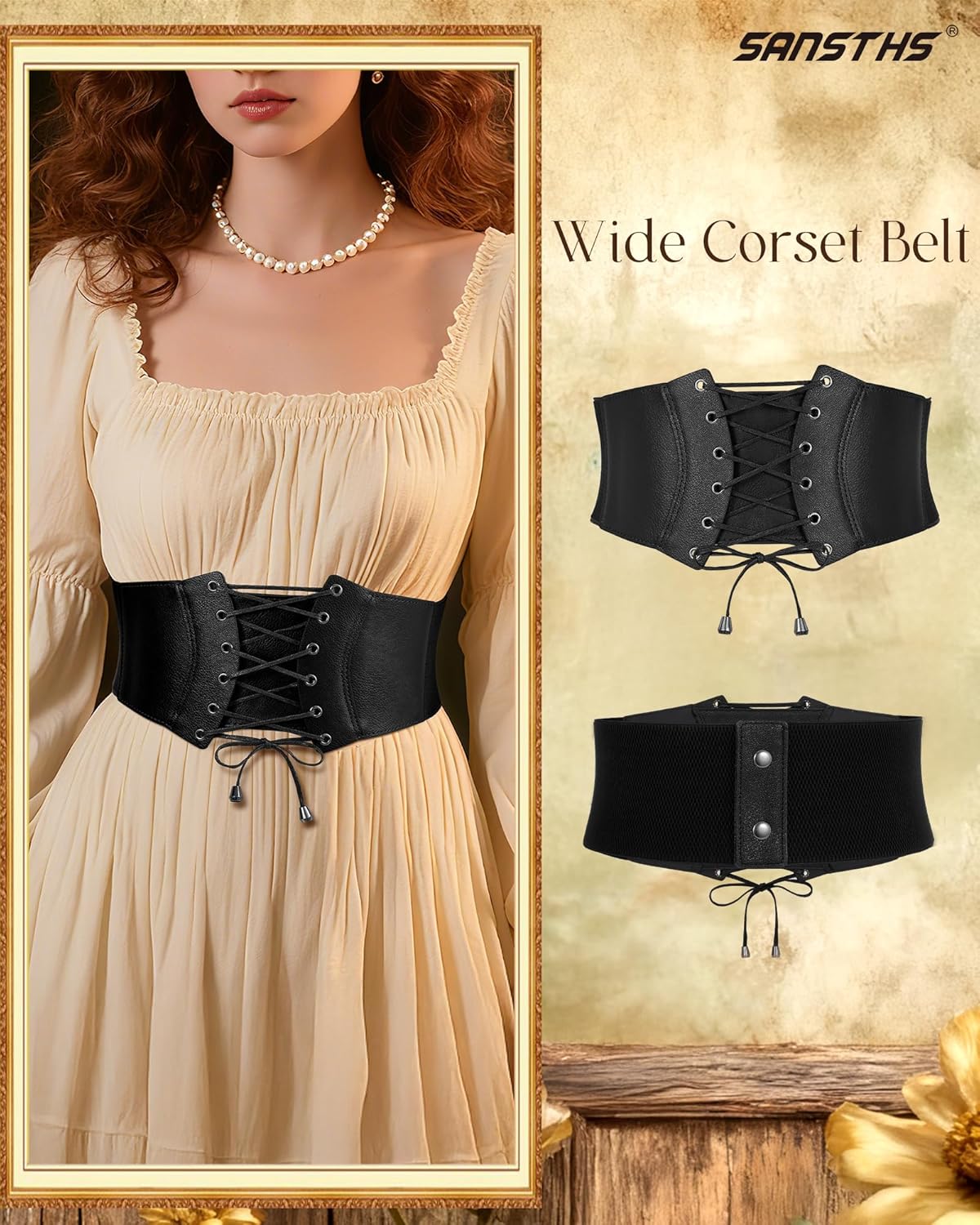SANSTHS Corset Belt for Women, Vintage Lace-up Waspie Elastic Cincher Waist Dresses Belt for Halloween Costume Parties - Image 2