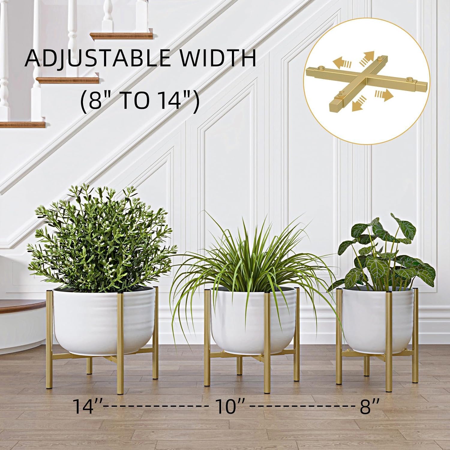 Adjustable Metal Plant Stand Indoor, Fits 8-14 Inch Pots, Mid Century Modern Gold Planter Holder,2 Heights, Heavy Duty 160 lb, Indoor Outdoor Corner Floor Pot Stand, Golden image 3