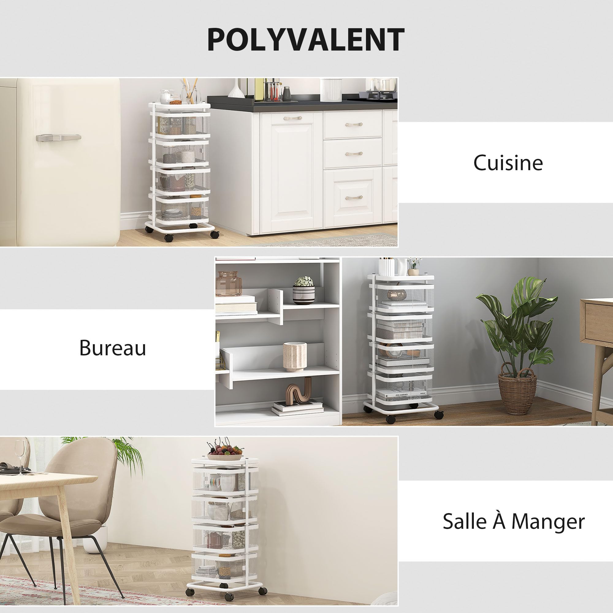 HOMCOM Resserre 4 paniers rotatifs sur Roues, Chariot de Rangement de Cuisine, Panier à légumes et Fruits avec Plateau supérieur, étagère en Fil d'acier, pour Cuisine, Salon et Chambre, Blanc