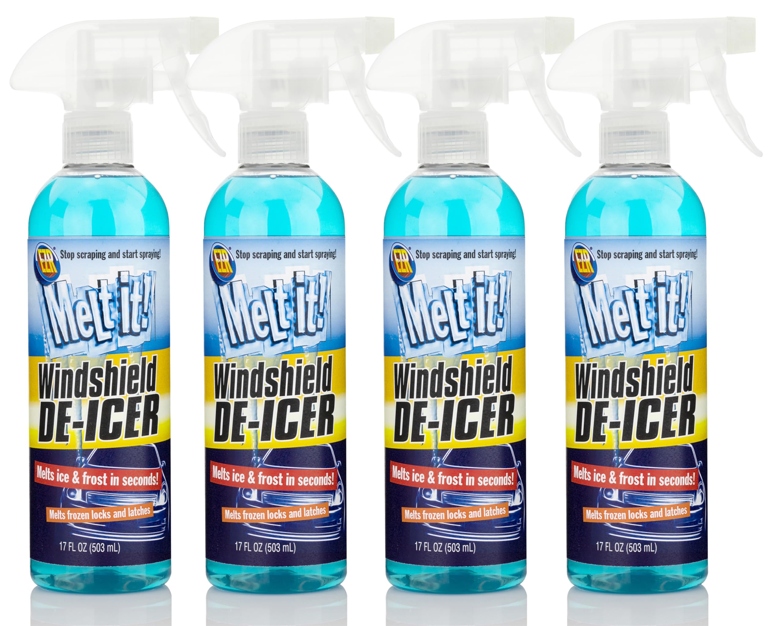 E·Z·R Melt it! Windshield De-Icer. Instantly Melts Ice &amp; Winter Frost for Car Windshields, Windows, Mirrors, Key Locks, &amp; Latches, Snow Melting Defrost Liquid for Car Window Cleaner, 17 Fl Oz 4-Pack