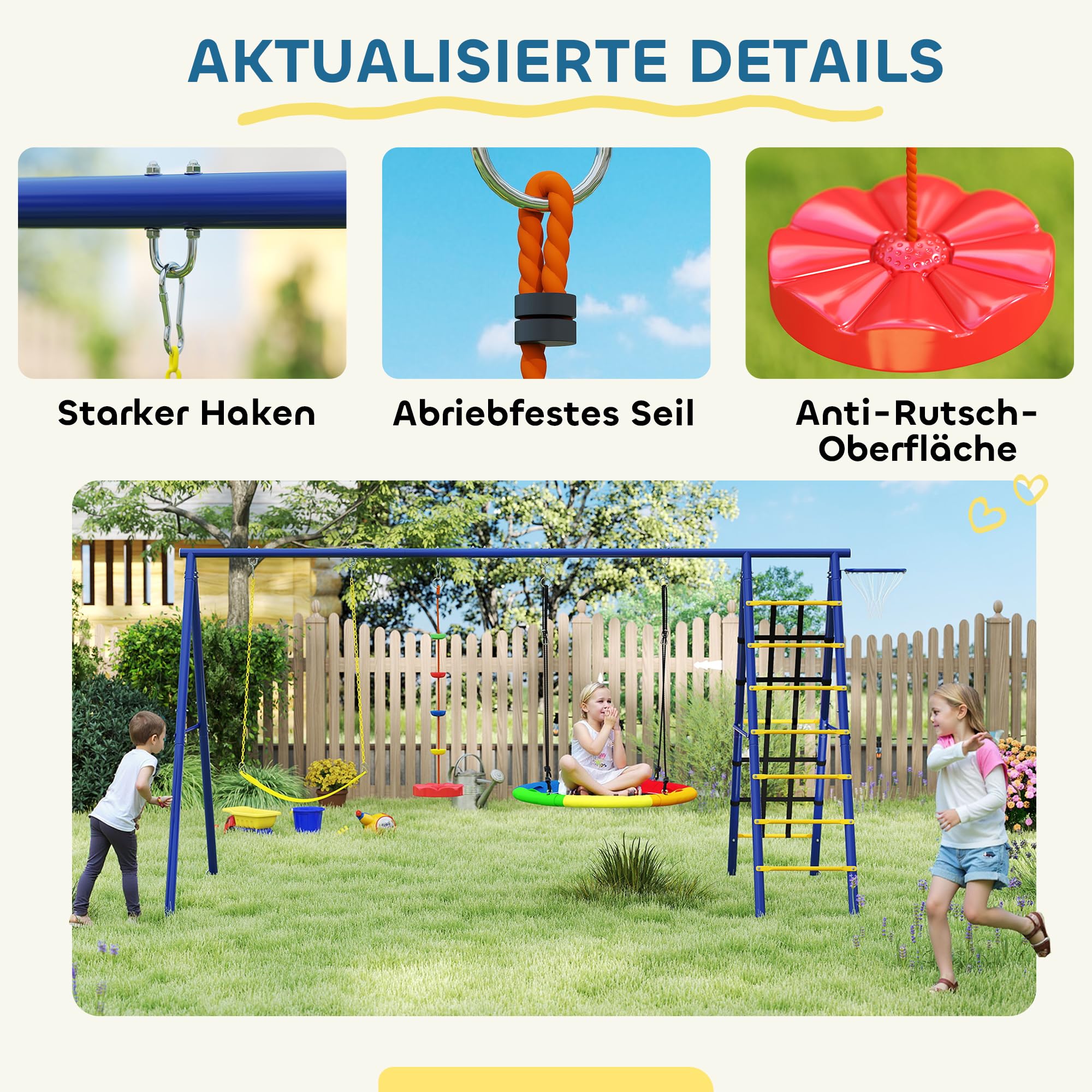 AIYAPLAY Zestaw huśtawek dziecięcych 6 w 1, ze stali z huśtawką z pasem, huśtawką gniazdową, huśtawką linową, siatką do wspinaczki, drabinką i koszem do koszykówki dla dzieci w wieku 3-8 lat