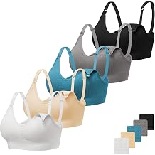 Angelhood Ribbed Nursing Bras 5 Pack Wireless V Neck Maternity Nursing Bra | Nursing Bras for Women,Low Cut Bralette,Push Up Bra,Sleeping Breastfeeding with Extenders,Adjustable Wide Straps