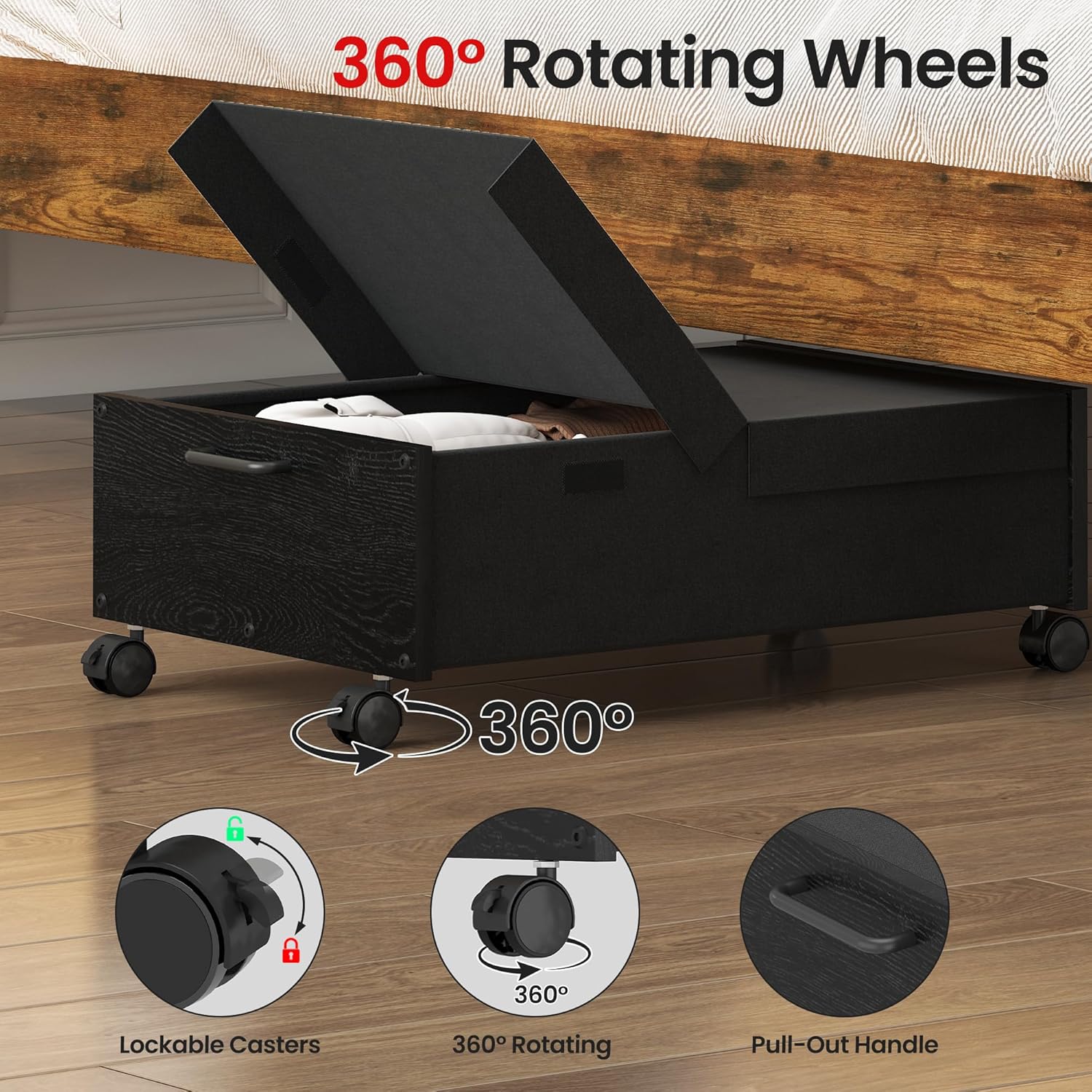 2 Packs Under Bed Storage with Wheels, Rolling Underbed Storage Drawers with Lid, Wooden Under The Bed Storage Clothes Shoes Organizer for Bedrooms Dorms, Space-Saving (Black, 23.6" L)