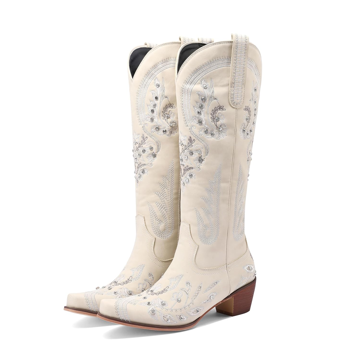 BEAUPAS Womens Western Knee High Cowboy Boots with Embroidery Pointed Toe Mid Heel