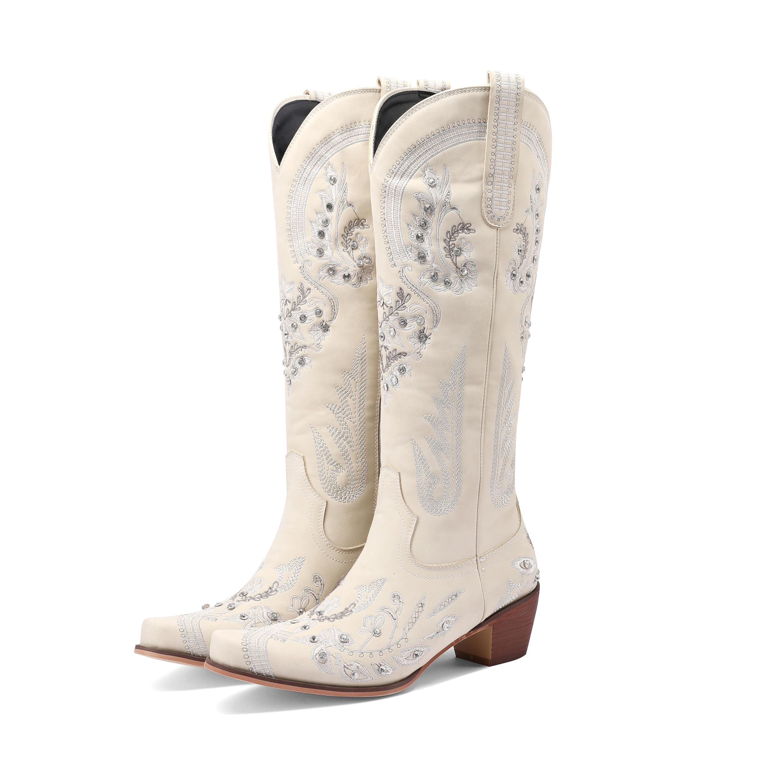 BEAUPAS Womens Western Knee High Cowboy Boots with Embroidery Pointed Toe Mid Heel