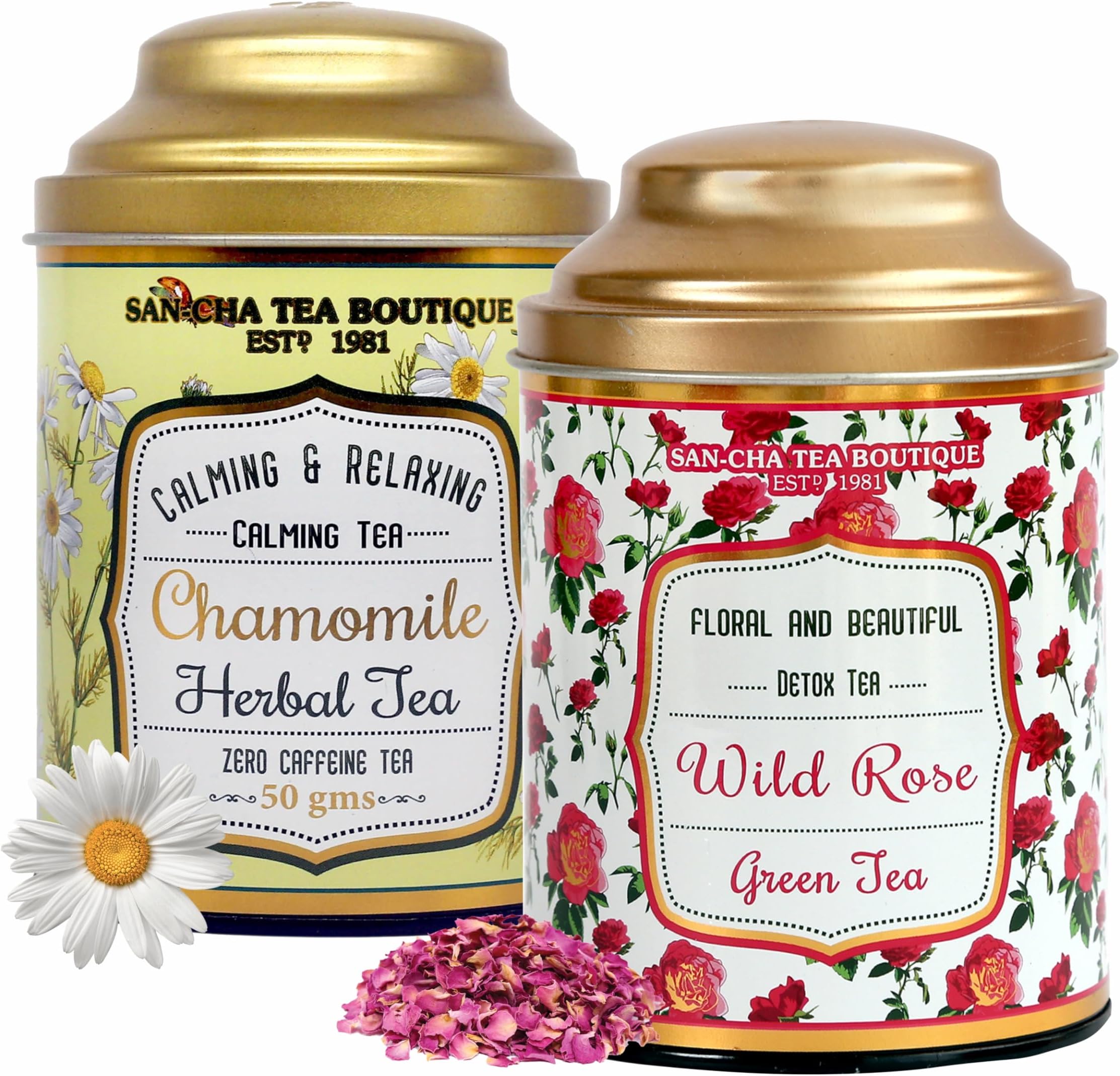 Sancha Tea Boutique, Combo Pack: Chamomile Herbal (50g), Caffeine Free Herbal Tisane & Wild Rose Green Tea (100g), Real Rose Flower & Chamomile Flower Blend