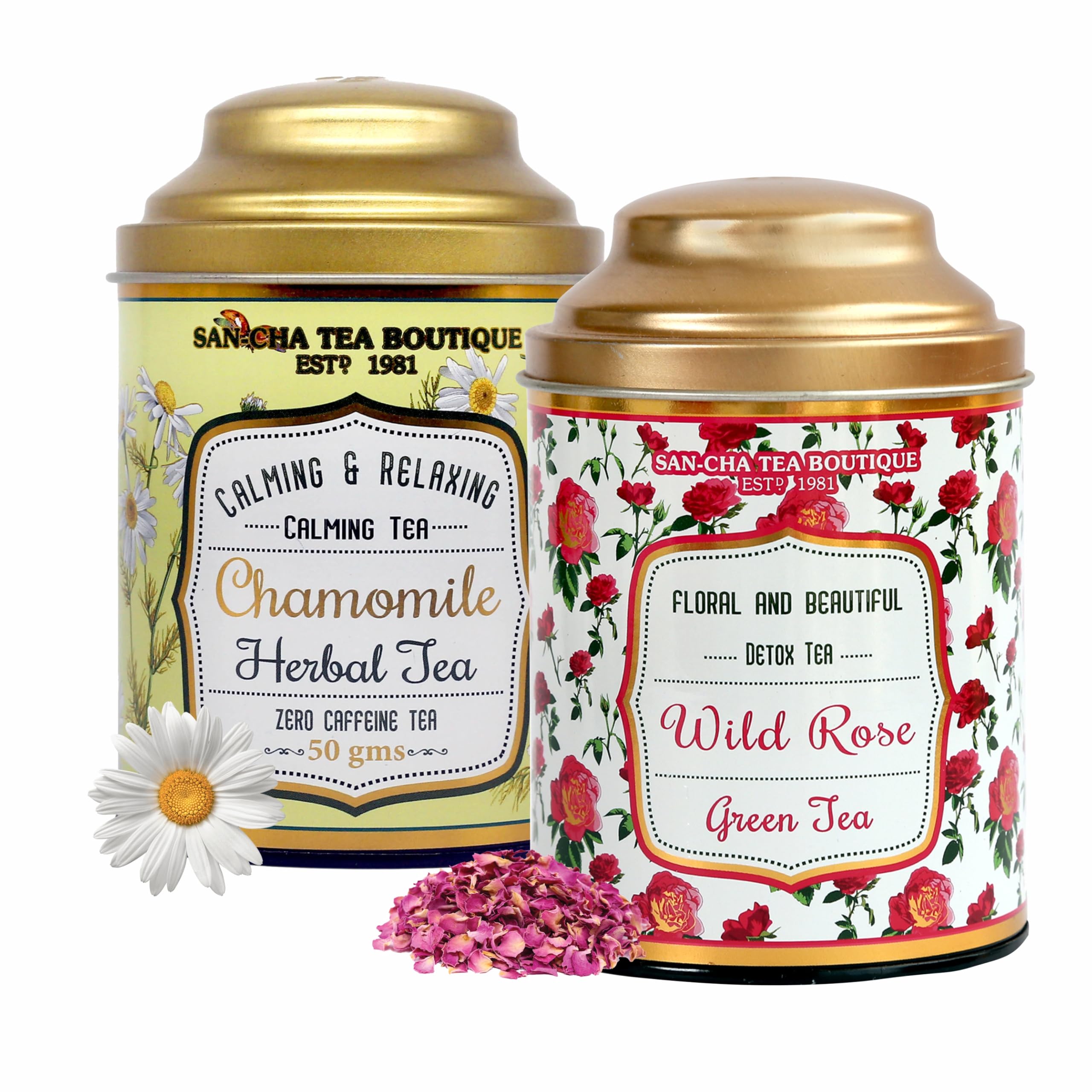 Sancha Tea Boutique, Combo Pack: Chamomile Herbal (50g), Caffeine Free Herbal Tisane & Wild Rose Green Tea (100g), Real Rose Flower & Chamomile Flower Blend