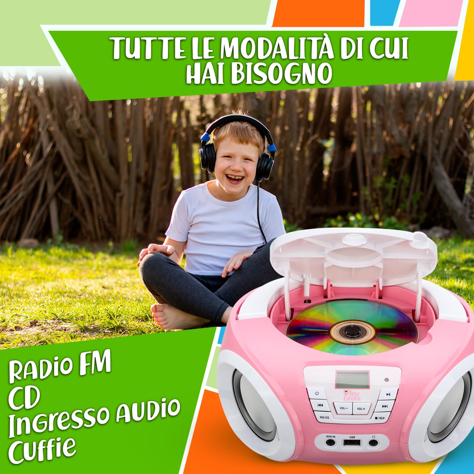 Tinygeeks Tunes Lecteur CD Enfant - Nouveauté - Radio FM - Piles incluses - Radio Mignon avec Haut-parleurs - Le Cadeau Parfait pour Les Tout-Petits - Rose