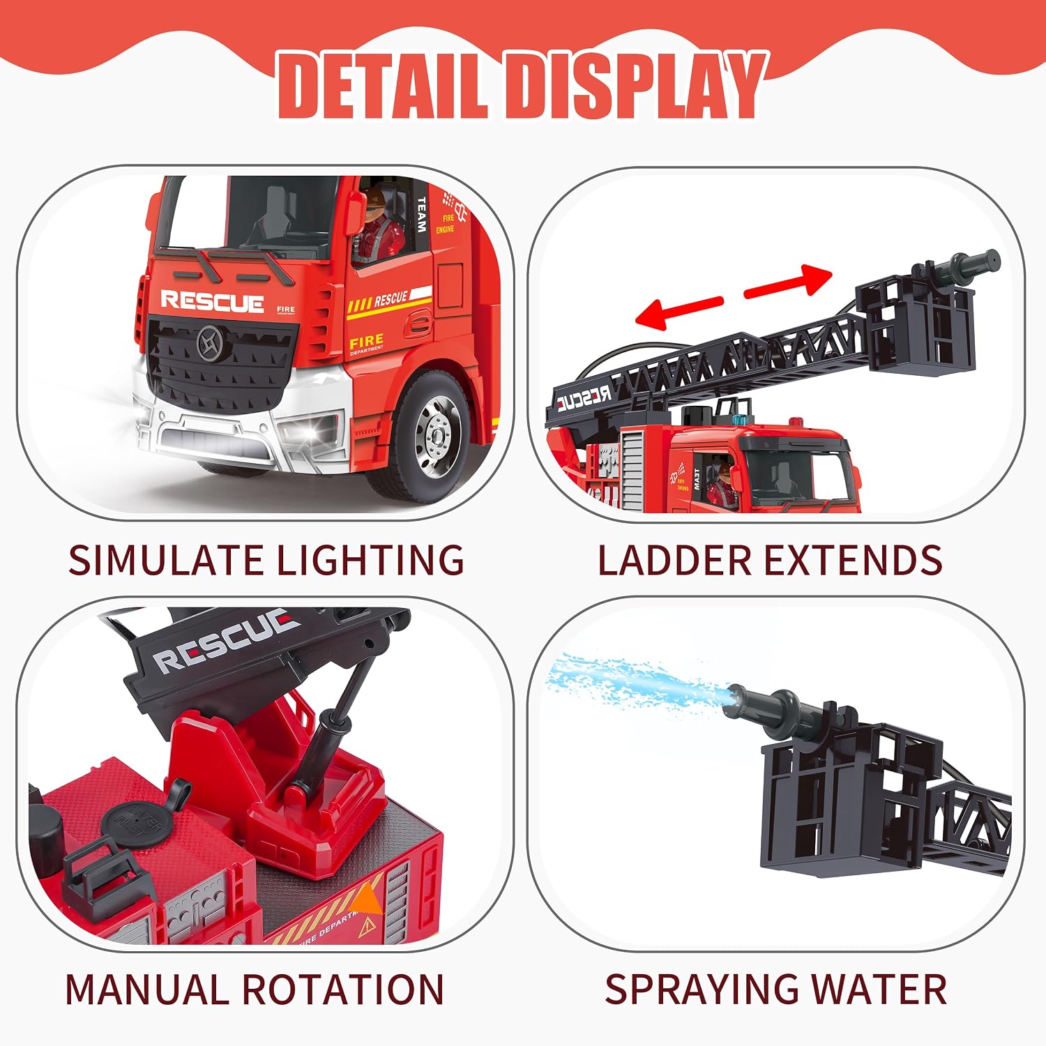 MQDMINI Remote Control Fire Truck Toy - Fireman Fire Truck with Jet Pump and Lights, Red Toy for 3 Year Old Boys, Girls and Toddlers