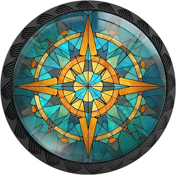 12 Pack Stained Glass Retro Compass Cabinet Knobs Round Drawer Pulls Black Dresser Knob Cupboard Door Handles Hardware for Kitchen Bathroom Cabinets
