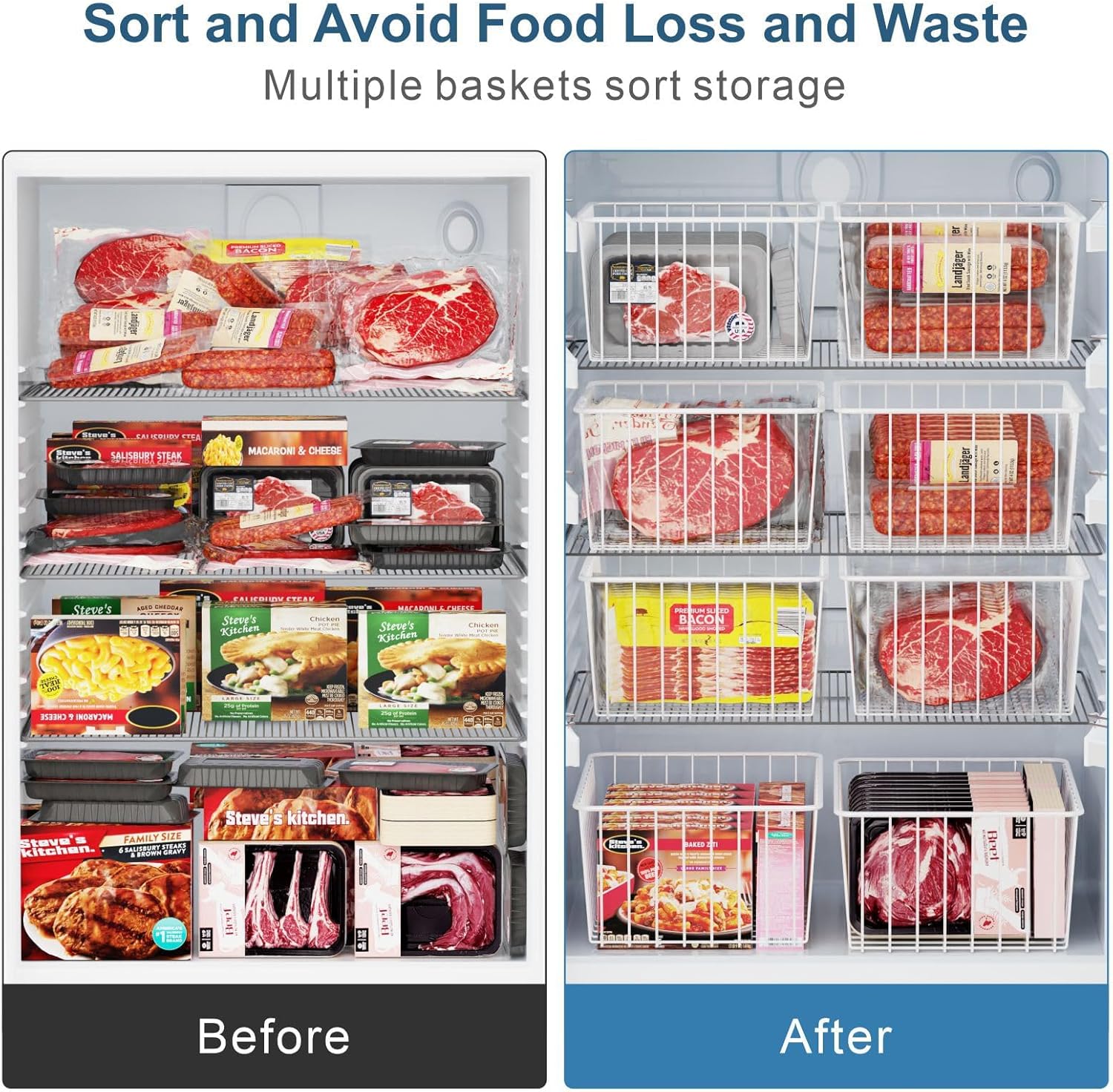 iSPECLE Freezer Organizer Bins - 3 Pack Stackable Chest Freezer Organizer for 5 Cu.FT Deep Freezer and 4 Pack Medium Upright Freezer Baskets for 14 to 15.5 Cu.FT Standup Freezer, Bundle Sales