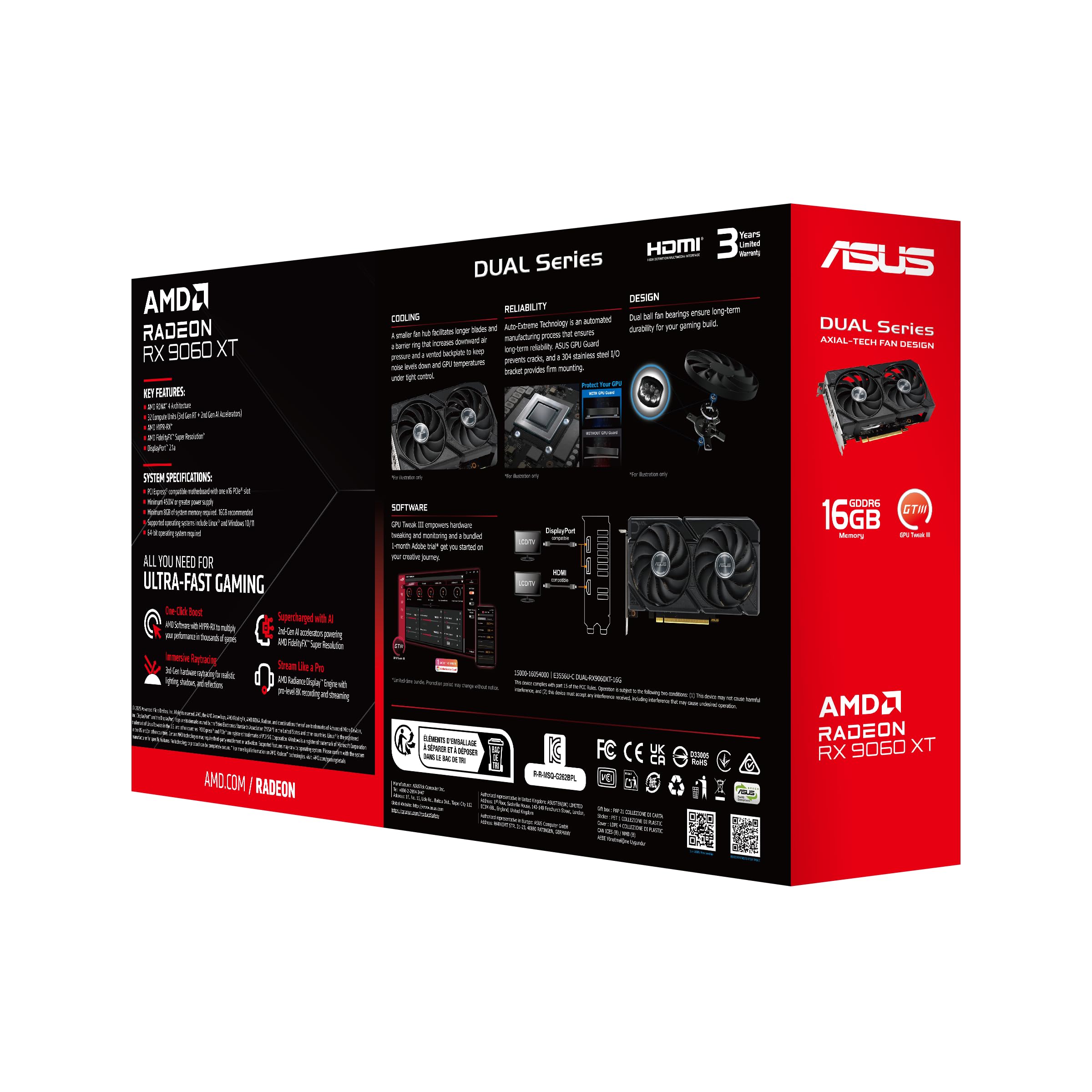 ASUS Dual Radeon RX 9060 XT 16GB GDDR6 Grafikkarte (PCIe 5.0, HDMI 2.1b, DisplayPort 2.1a, 2.5-Slot Design, Axial-Tech-Lüfterdesign, 0dB-Technologie und mehr)