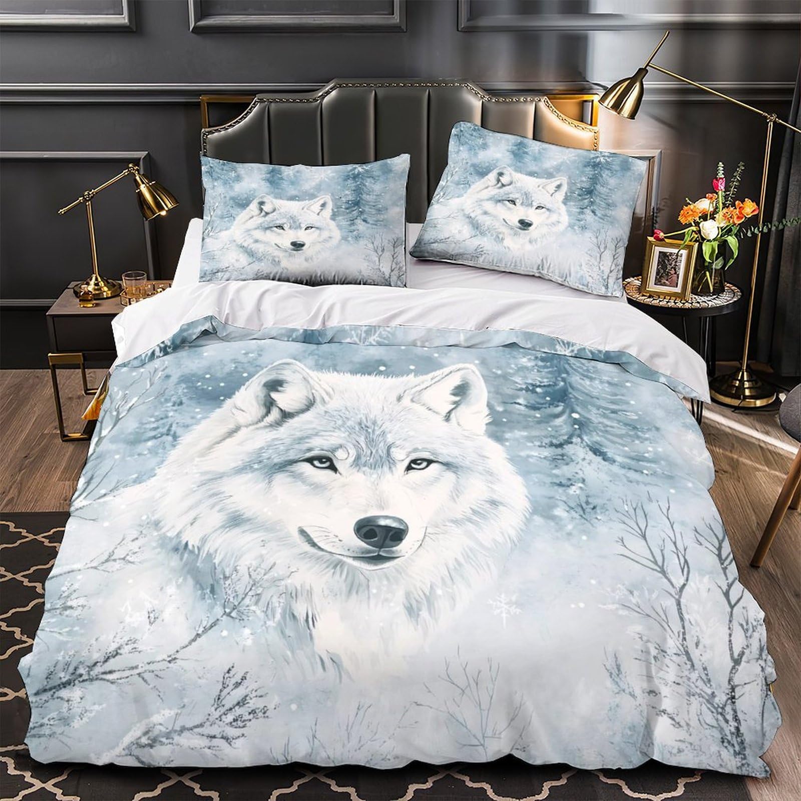 Parure de lit loup 3D en microfibre avec 2 taies d'oreiller pour lit simple 135x200cm