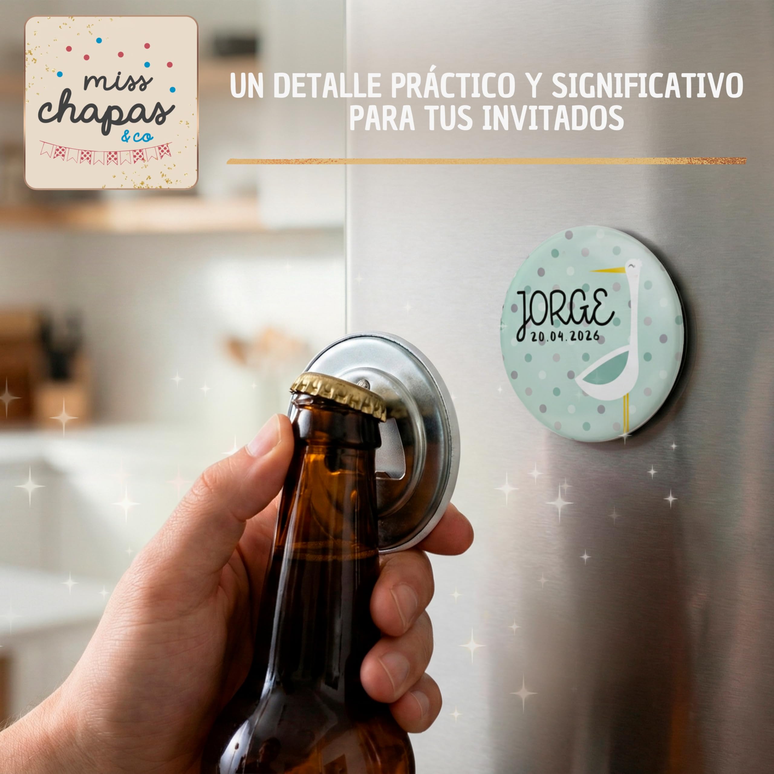 Pack 20 Abridores Magnéticos Personalizados Bautizo Cigüeña Verde Mint – Detalle Invitados Bautismo Bebé Niño | Recuerdo Original y Útil | Presentación Individual Lista para Regalar