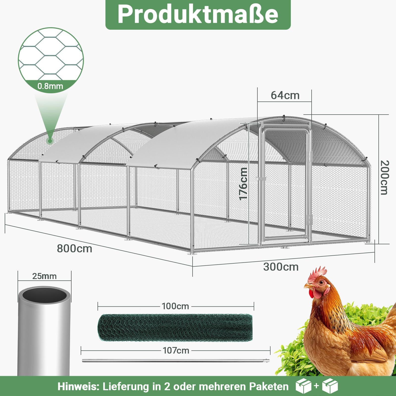 Hühnerstall Freilaufgehege,Freilaufgehege Kaninchen Verzinktem Stahl,Outdoor Hühnerhaus Dome Roof mit Schloss und Wasserdichtes PE Gewebe, für Hühner, Kleintiere & Pflanzen (3x8x2m)
