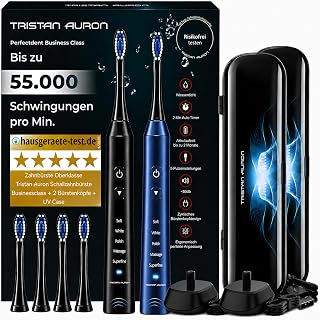 Elektrische Schallzahnbürste 55000 VPM, risikofrei 100 Tage testen, Tristan Auron Business Class Doppelpack (Schwarz Blau), 60 Tage Akku, 5 Putzmodi, UV-Reiseetui, Ladegerät für elektrische Zahnbürste