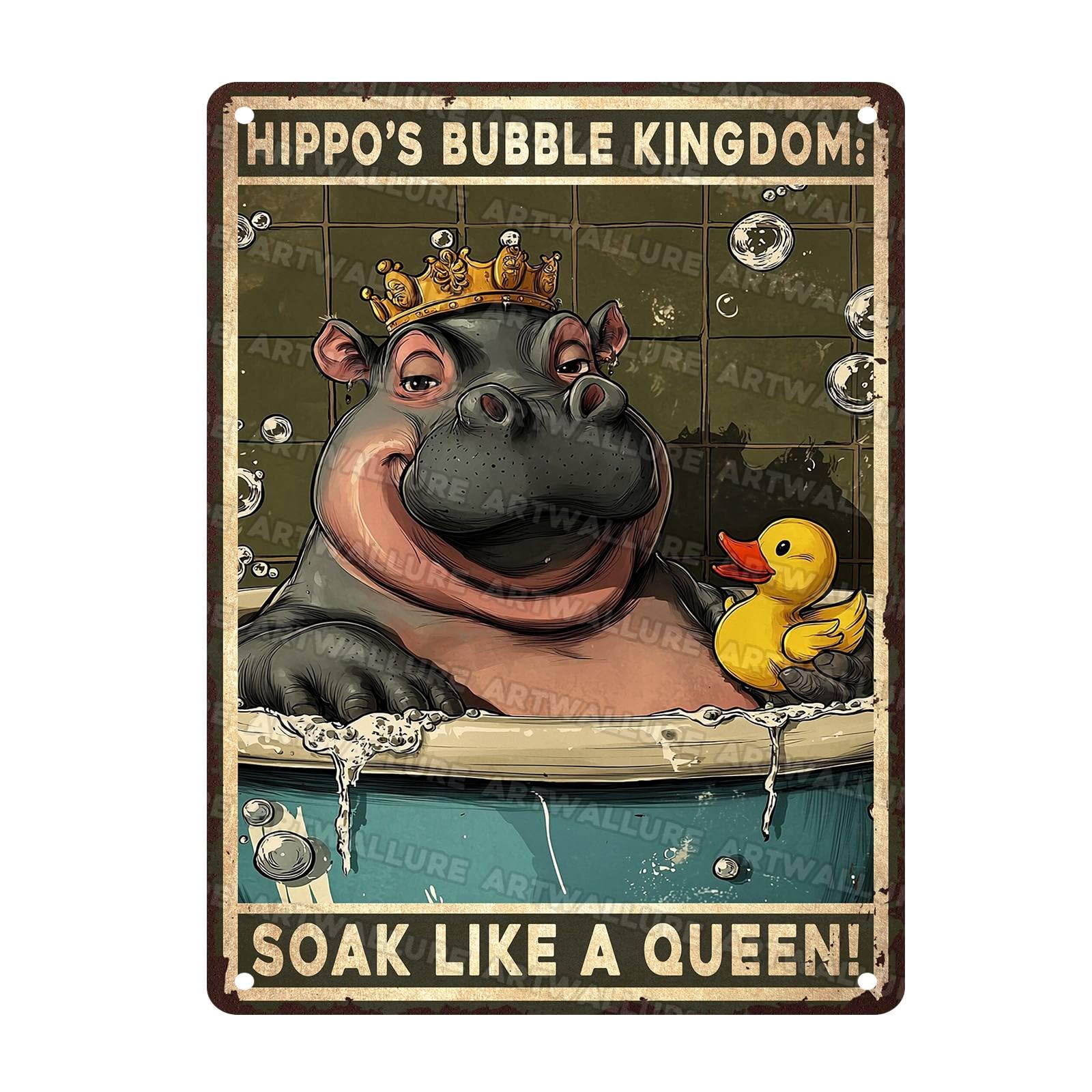 Hippo Bathroom Wall Art Metal Tin Plaque Soak Like a Queen Vintage Rustic Decor Funny Toilet Sign Bubble Bath Humor Washroom Iron Painting 12X16Inch