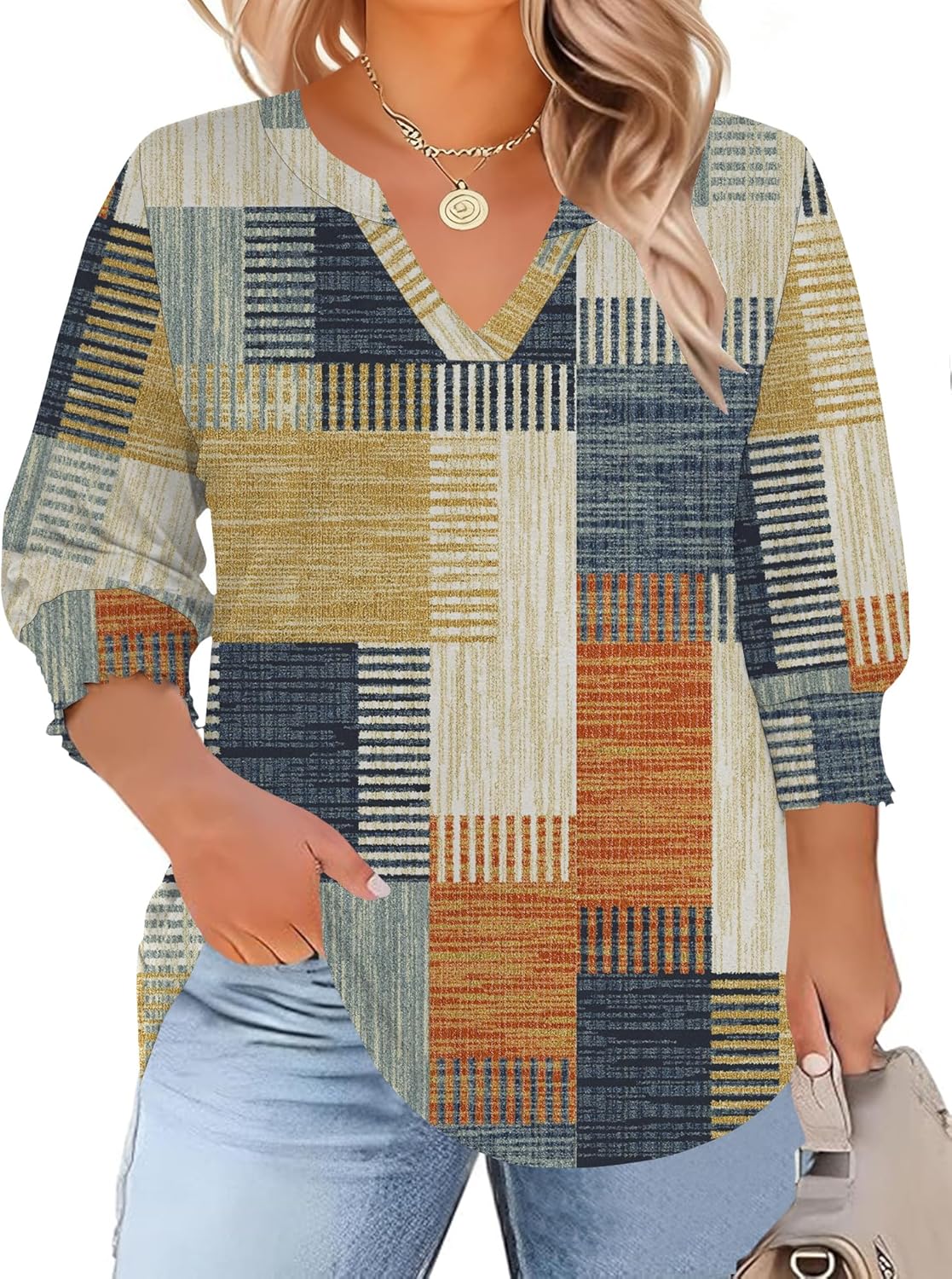 TFSDOD Womens Plus Size Tops 3/4 Sleeve Blouses Summer V Neck Shirts Smocked Cuffs Spring Outfits 1X-5X