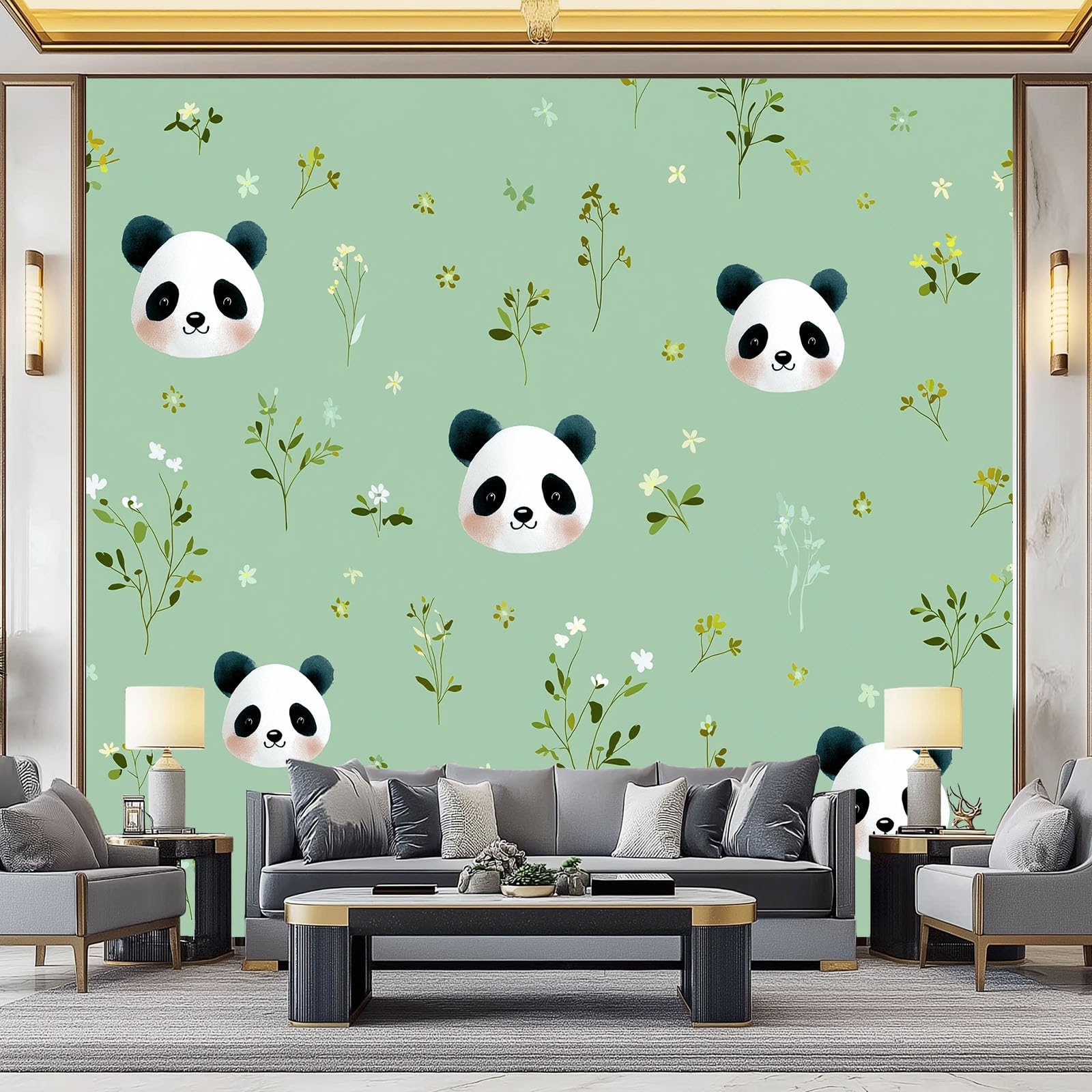 Fototapeta z włókniny, efekt 3D, 200 x 140 cm, kreskówka, zwierzęta, panda, wzór kwiatowy, rośliny, szałwia - panoramiczny obraz ścienny do salonu i sypialni, korytarza, duża dekoracja ścienna, tapeta