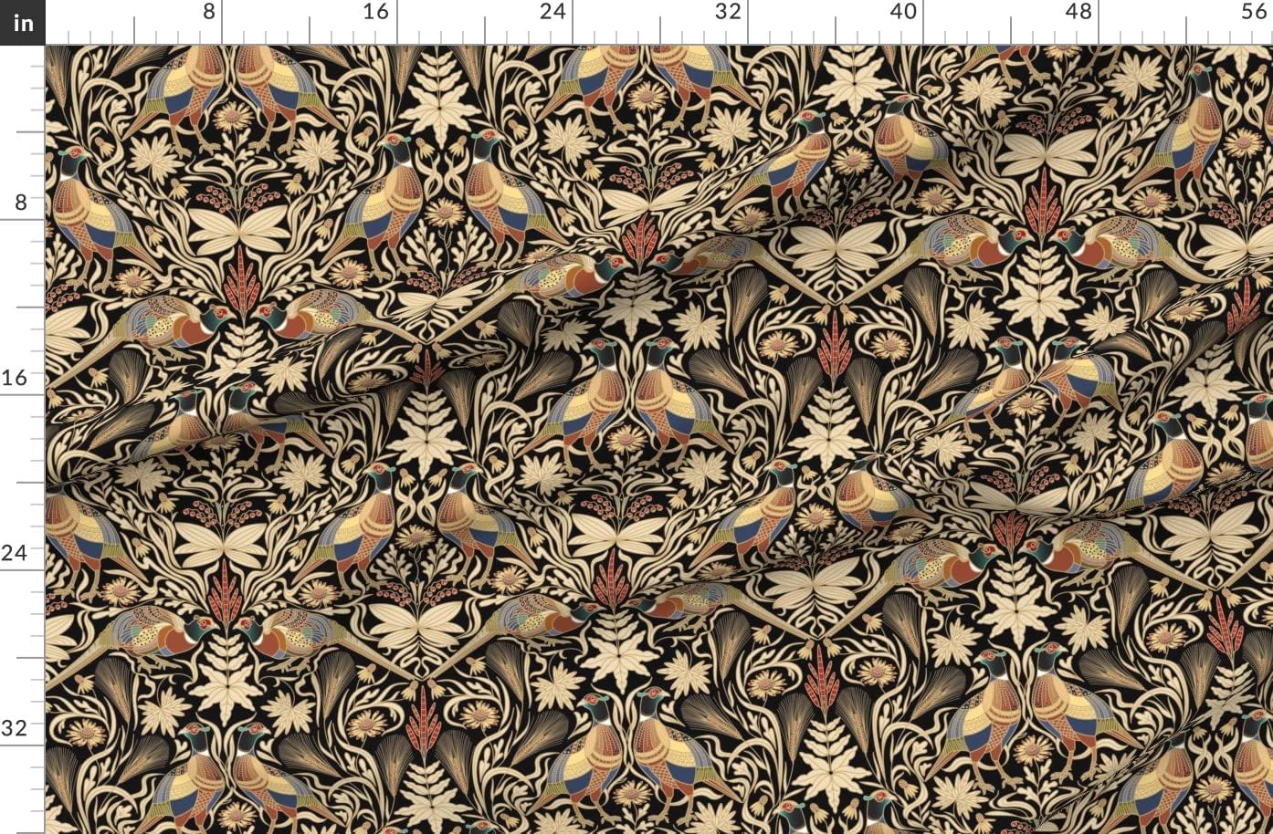 Spoonflower Fabric - Pheasants Birds Botanical Floral Wildlife Black Cream Blue Red Yellow Printed on Organic Cotton Sateen Fabric by The Yard - Sewing Quilting Apparel Home Decor