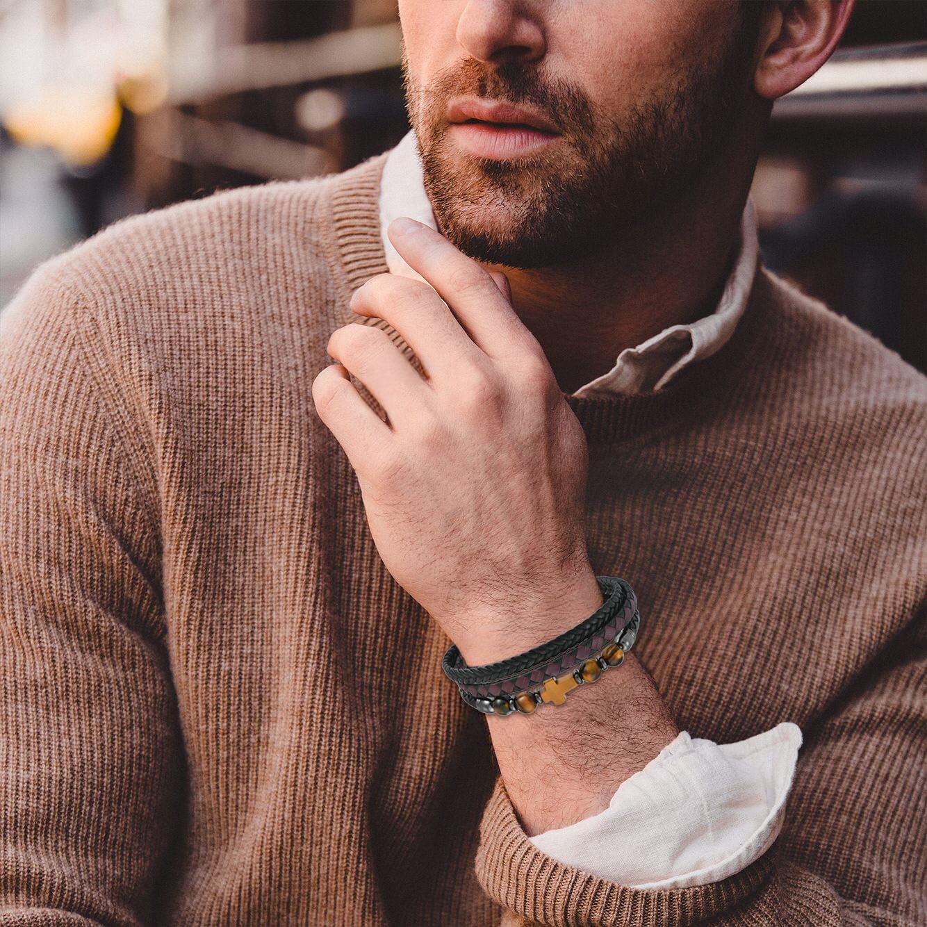 Mens Leather Cross Bracelet Natural Tiger Eye/Turquoise/Black Onyx Stone Beads Multi-Layer Braided Religious Cuff Bracelets for Men Stainless Steel with Buckle Size(8.26"/9.05") - Image 2