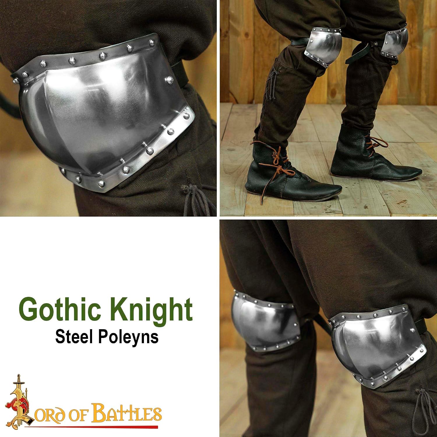 Lord of Battles Medieval Knee Armor Poleyns Pair - Steel Knight Leg Armor for Reenactment, LARP, Costumes, Cosplay
