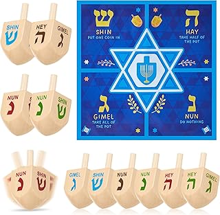 JOYIN 12 PCS Hanukkah Wood Dreidels Set, Natural Wooden Dreidels with English Transliteration and Instruction Play Map, Hanukkah Card Game for Family Activities Party Games