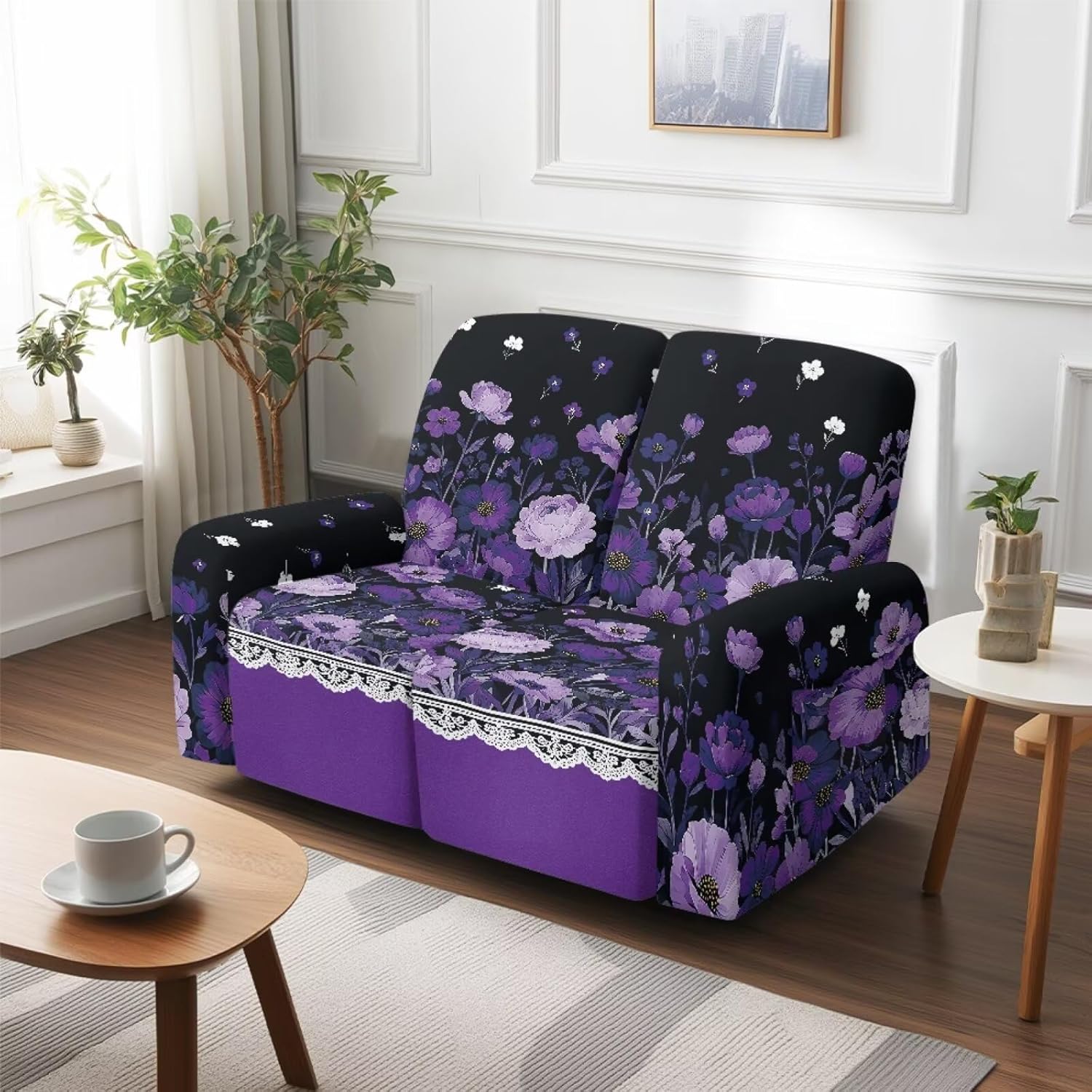 Purple Poppy Floral Print 6-Piece Loveseat Recliner Slipcover Stretch Recliner Sofa Cover with Side Pocket Couch Furniture Protector for Dogs