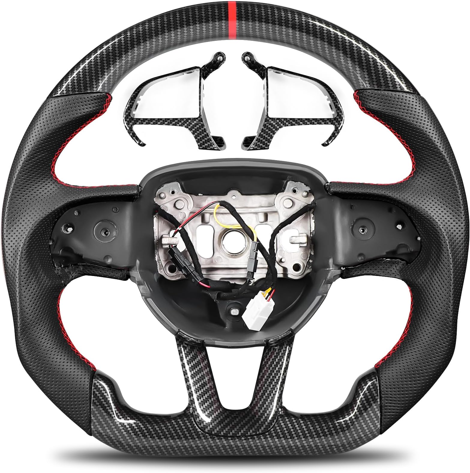 Hydro-Dip Carbon Fiber Steering Wheel for Dodge Challenger For Charger For Durango (2015-2024), SRT/SXT/RT,D-Shape Design, Hand-Stitched Nappa Perforated Leather With Heating with Trim Cover