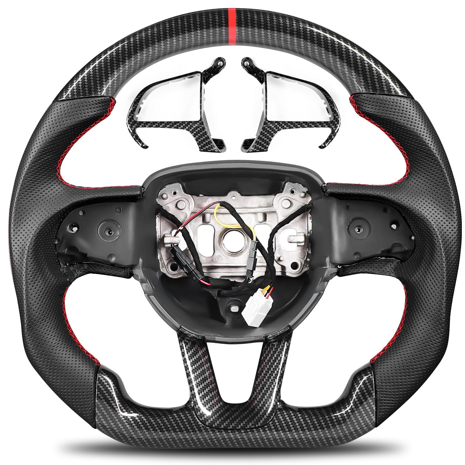 Hydro-Dip Carbon Fiber Steering Wheel for Dodge Challenger For Charger For Durango (2015-2024), SRT/SXT/RT,D-Shape Design, Hand-Stitched Nappa Perforated Leather With Heating with Trim Cover