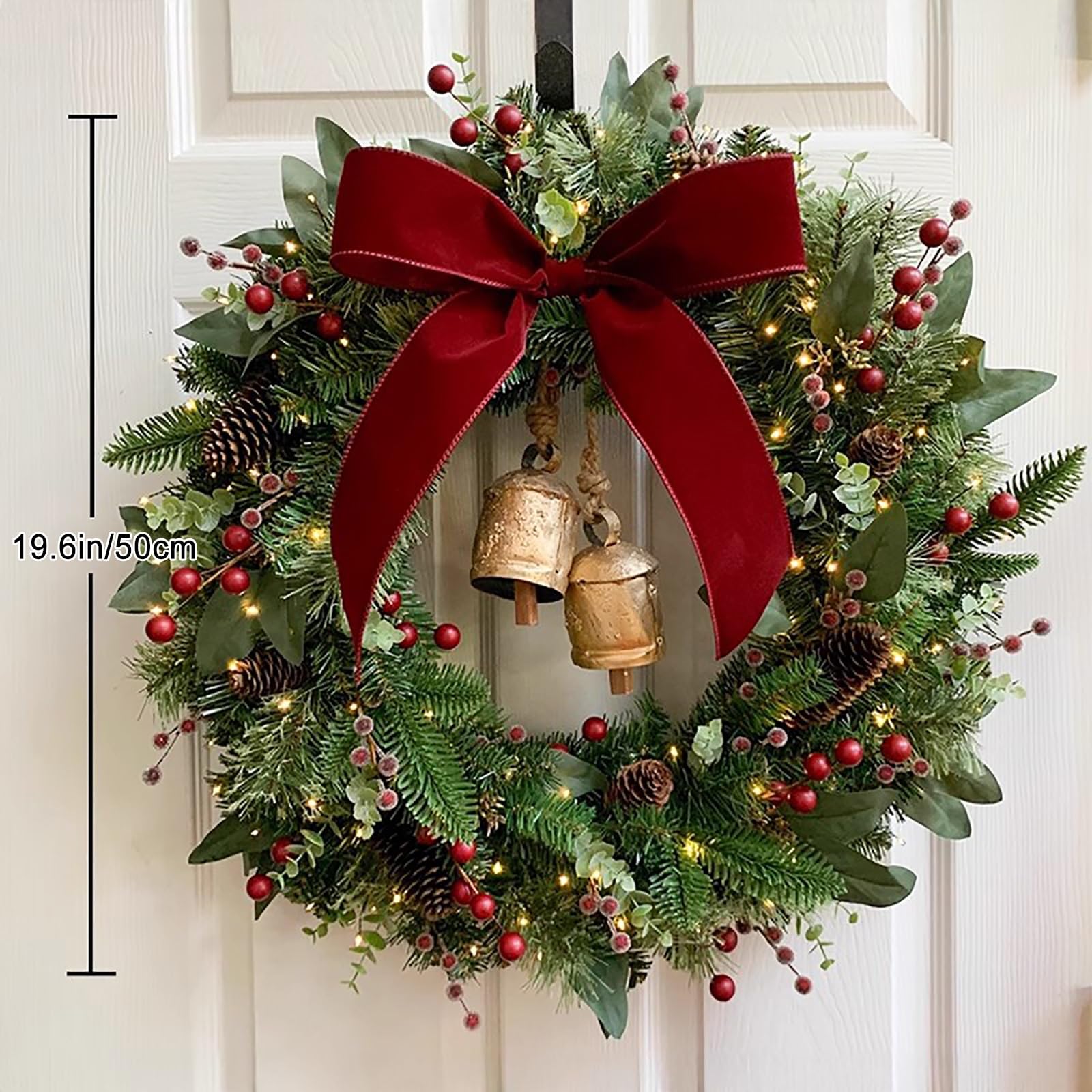 Guirnalda de Navidad, corona de cedro con conos de pino, bayas rojas, campanas, decoración de Navidad para puerta delantera, hogar, pared, ventana, chimenea (carmesí, 50 cm)