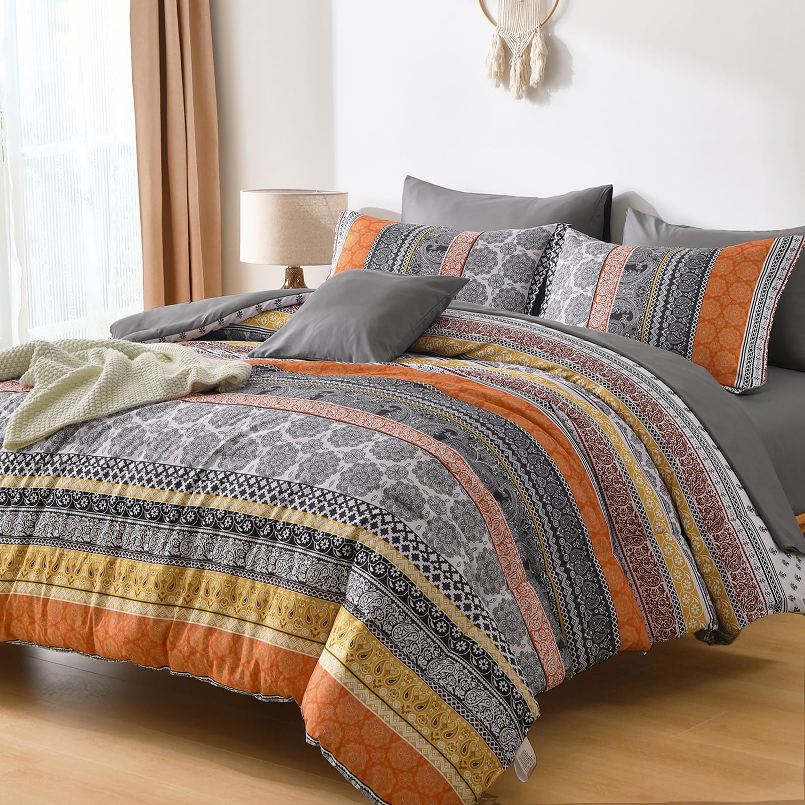 Cottolester Boho Comforter Set King Size,8 Pieces Orange Bohemian Striped Bed in a Bag,Paisley Soft Microfiber Bedding Comforter Set